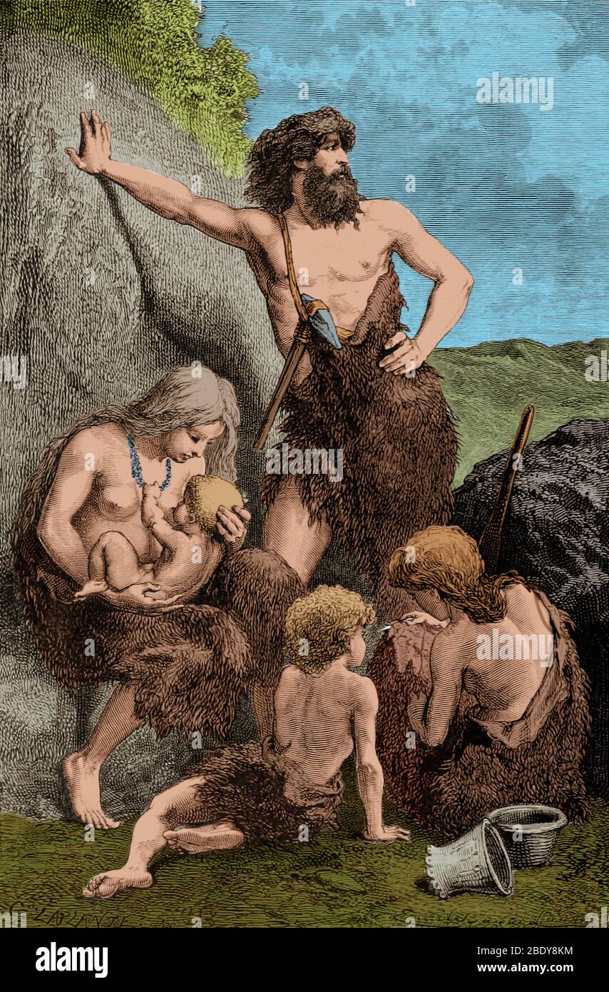 Prähistorischer Mensch, Steinzeitliche Familie Stockfoto