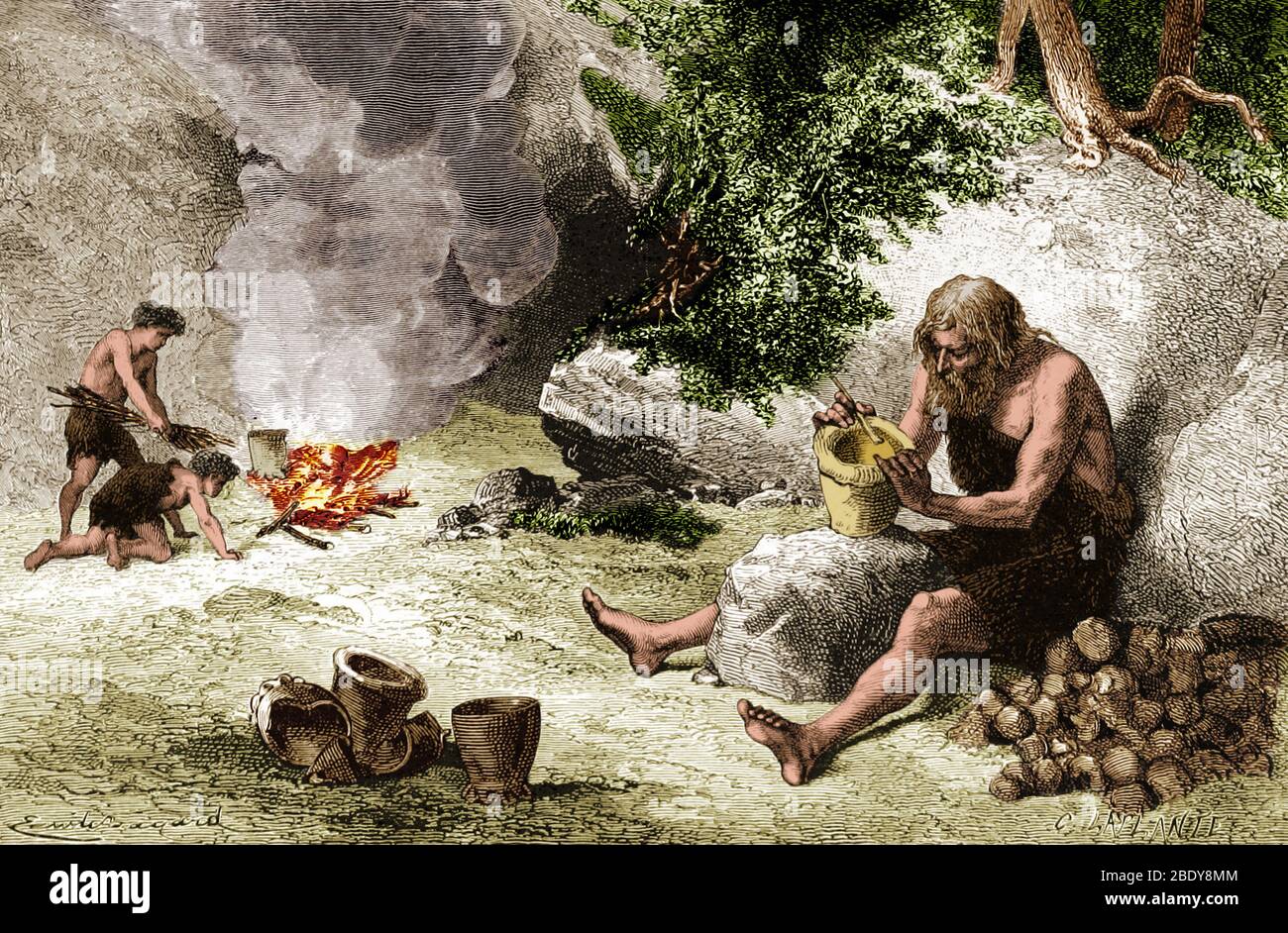 Prähistorischer Mann, Steinzeit Potter Stockfoto