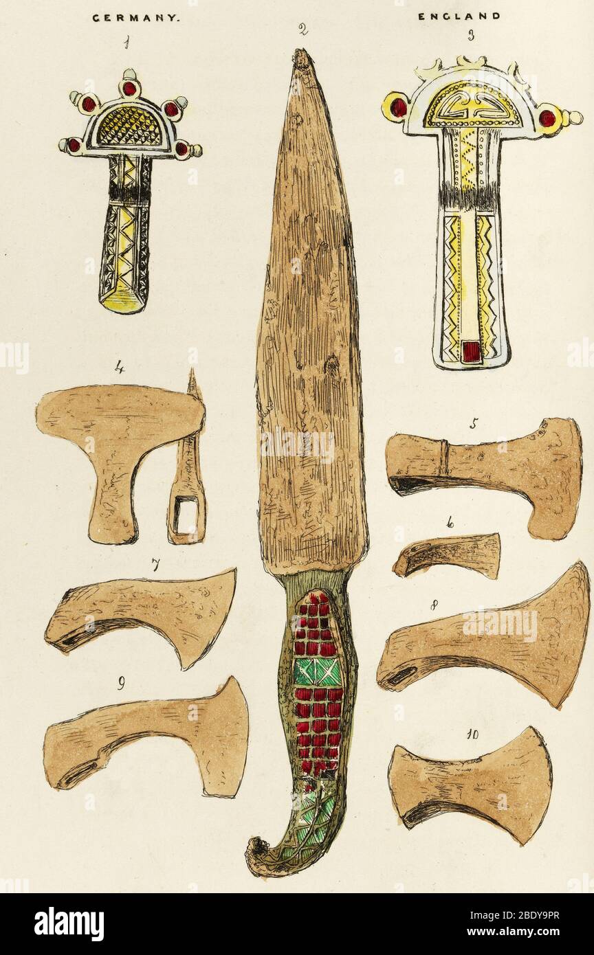 Fränkische und sächsische Werkzeugköpfe und Messer Klingen Stockfoto
