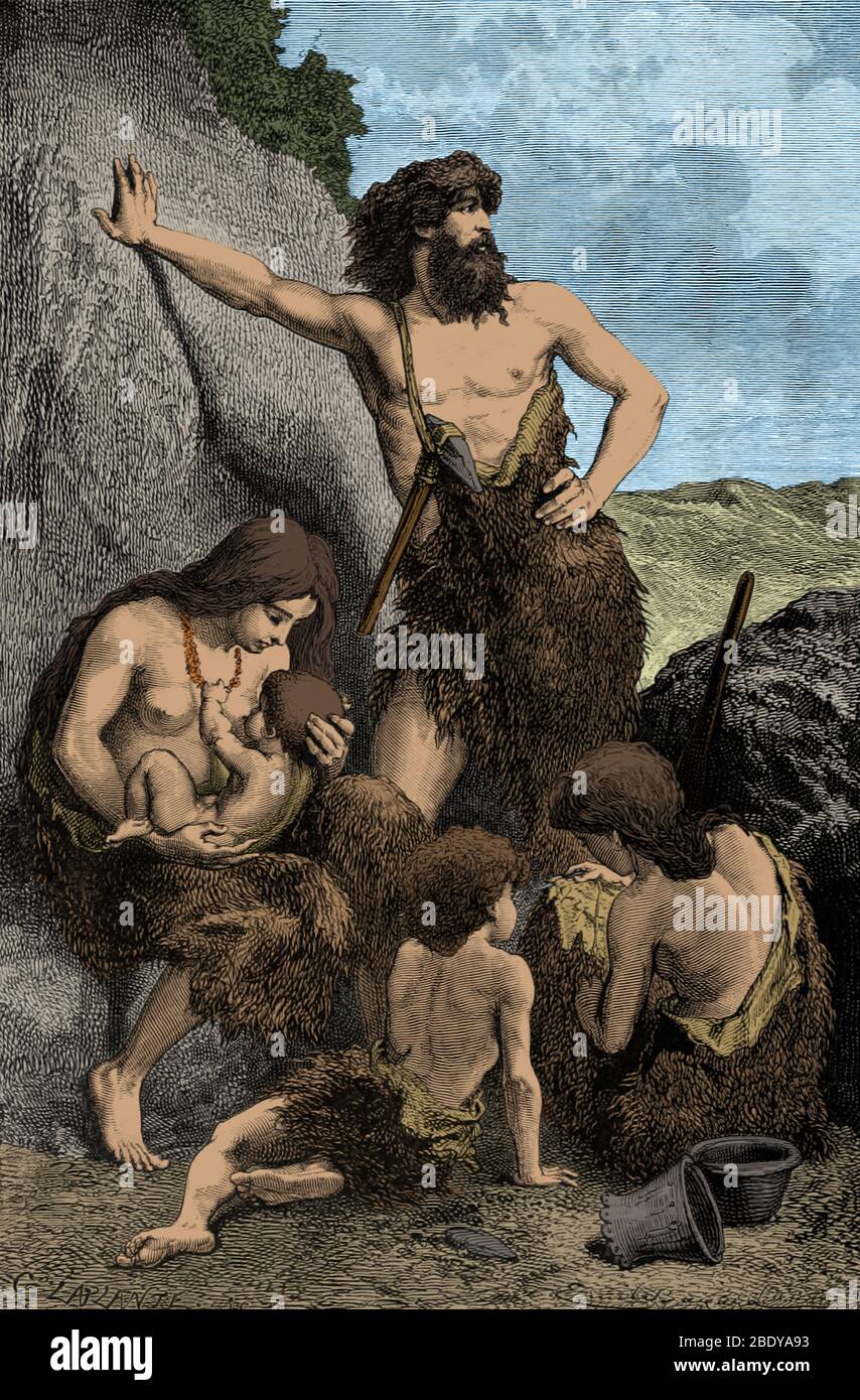 Prähistorischer Mensch, Steinzeitliche Familie Stockfoto