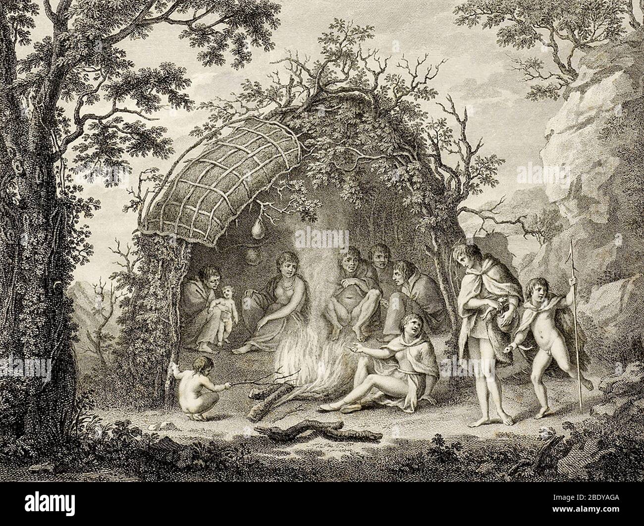 Fuegans in ihrer Hütte, 18. Jahrhundert Stockfoto