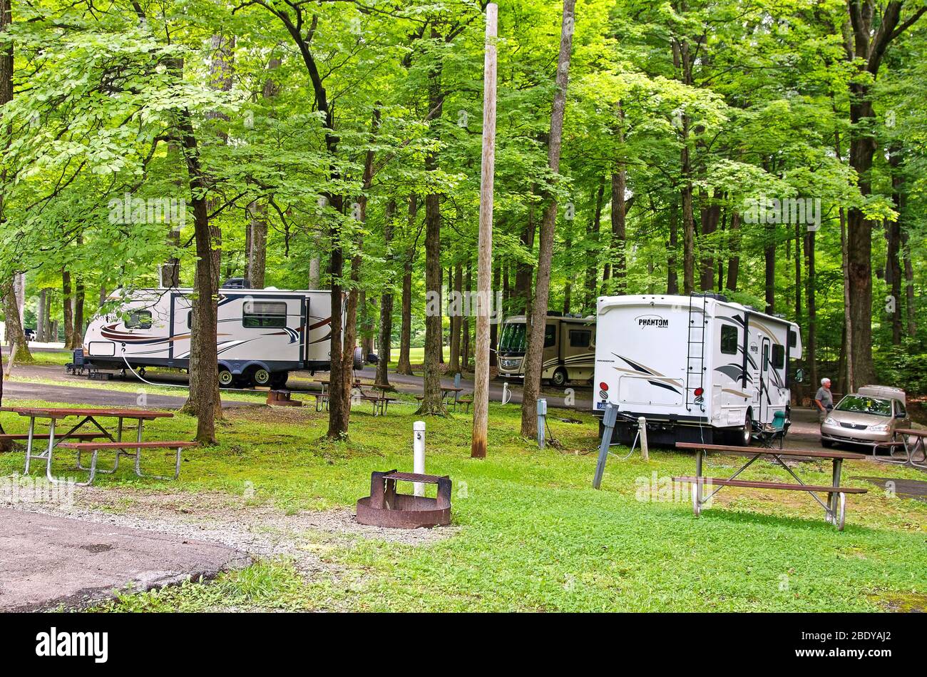 Campingplätze, bewaldet, Wohnmobile, Campingplatz, Urlaub, Reisen, My Old Kentucky Home State Park, Bardstown, KY, Frühling Stockfoto