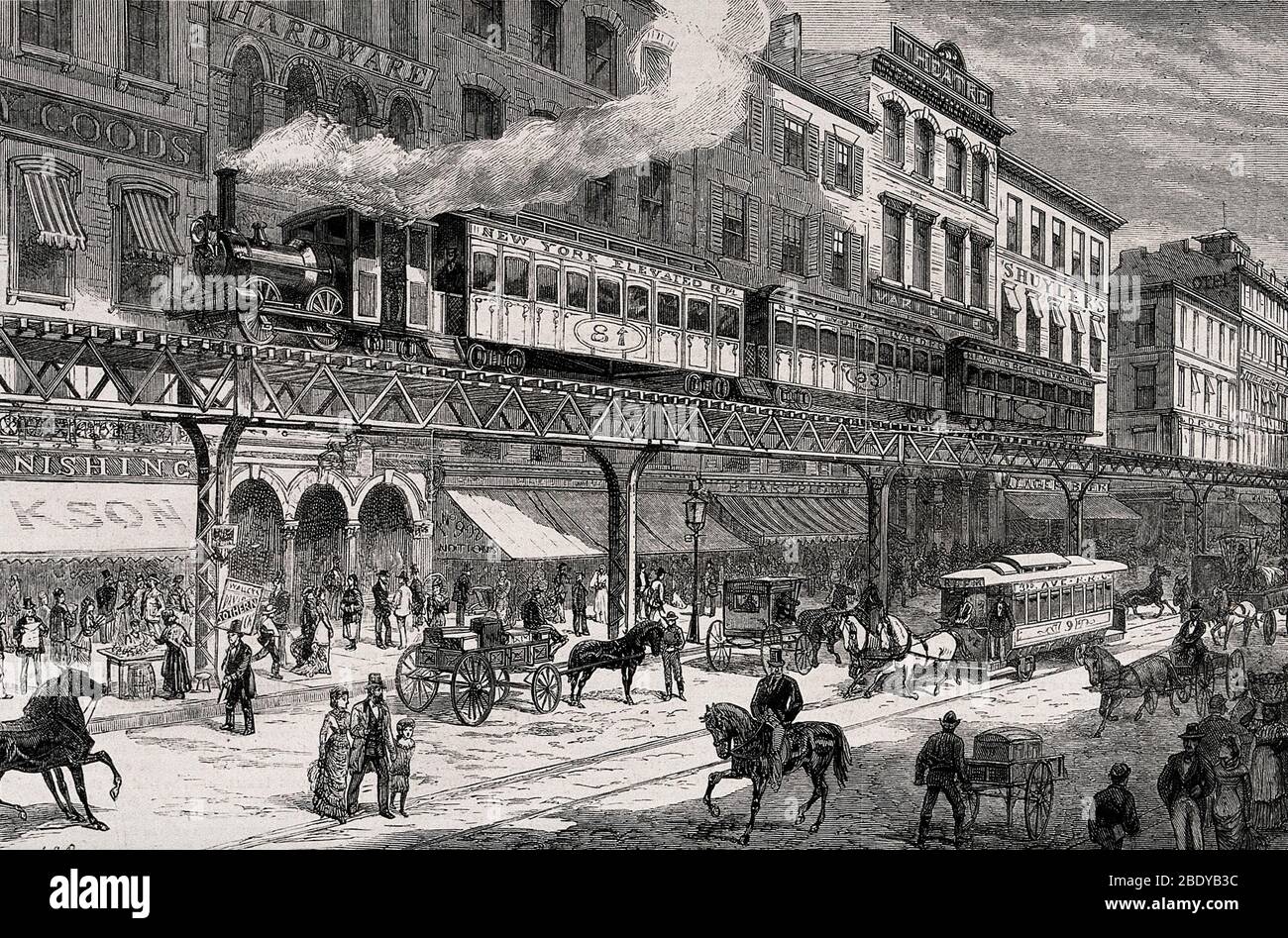 NYC, Elevated Railway, 19. Jahrhundert Stockfoto