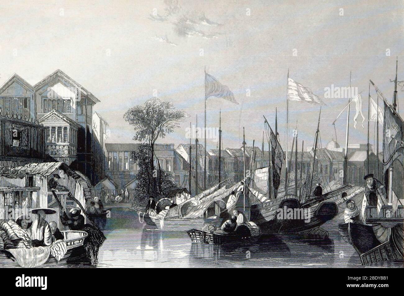 Europäische Lagerhäuser, China, 19. Jahrhundert Stockfoto