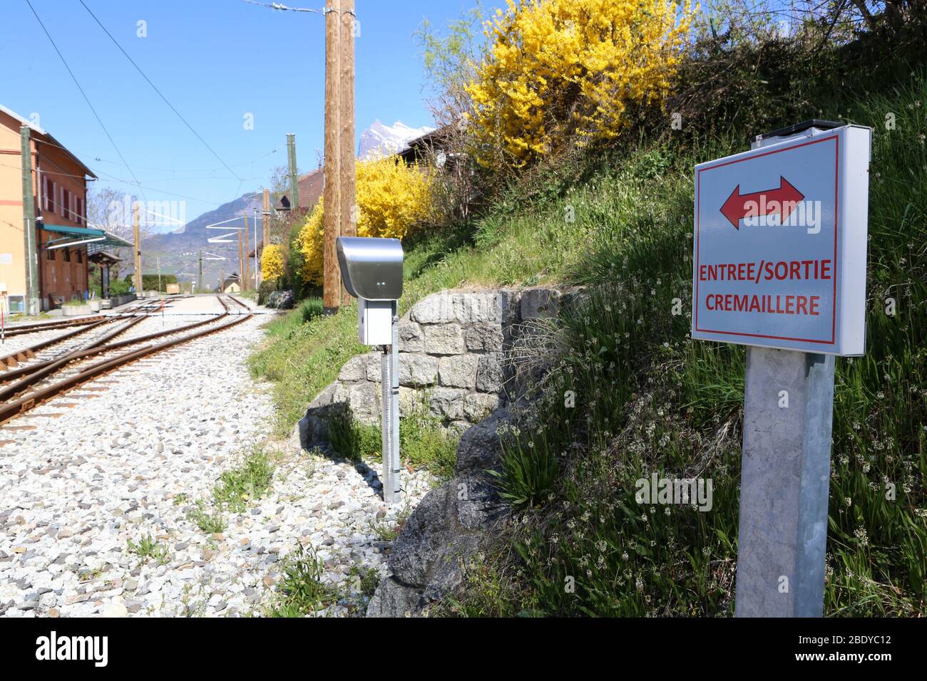 Vorspeise. Sortie. Panneau. Gare du TMB. Tramway du Mont-Blanc. Saint-Gervais-les-Bains. Haute-Savoie. Frankreich. Stockfoto