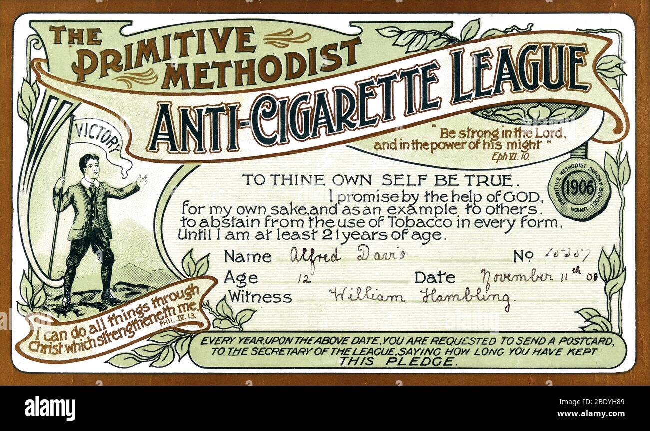Anti-Cigarette League Zertifikat, 1908 Stockfoto