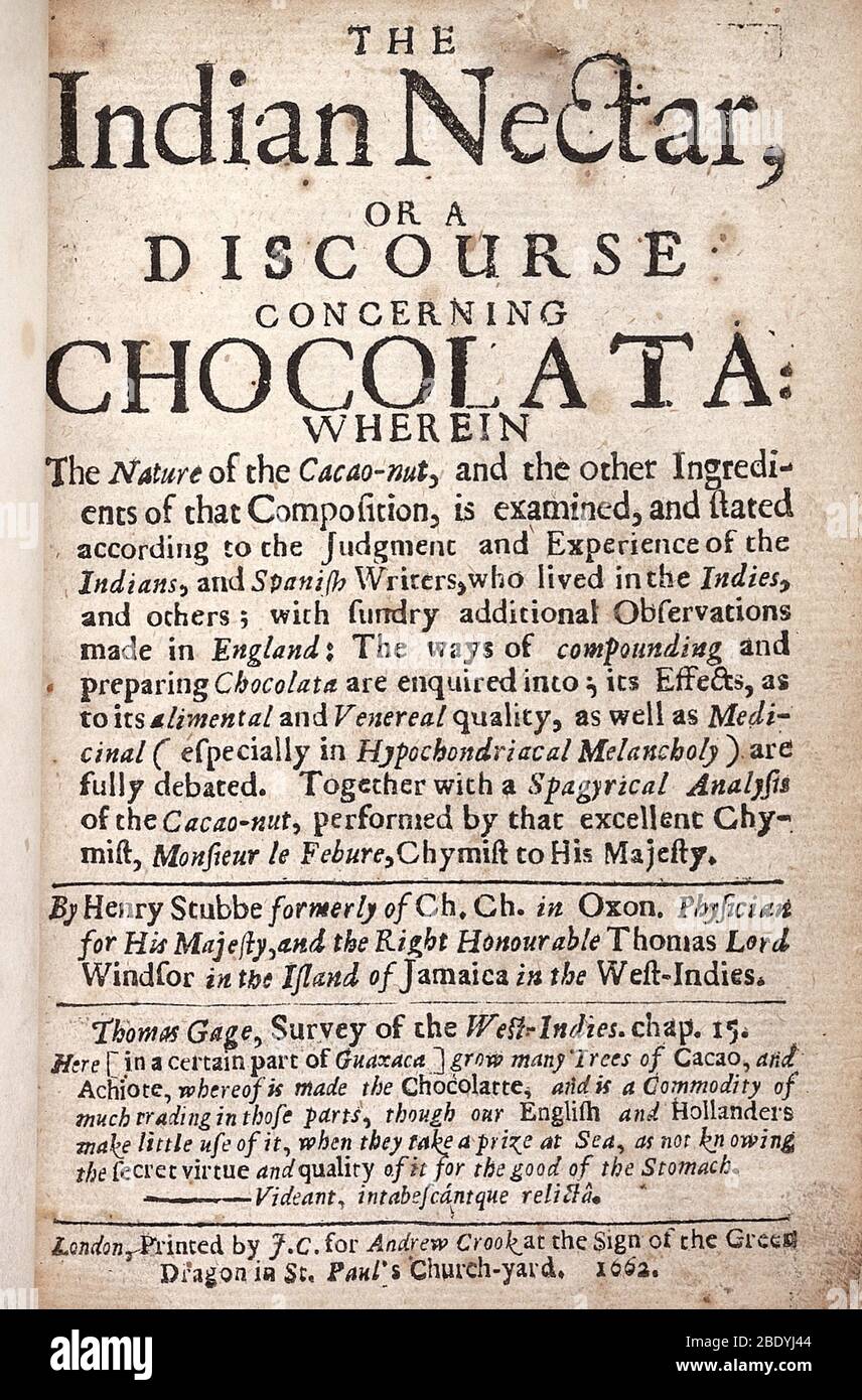 Titelseite auf Schokolade, 'Indian Nectar', 1662 Stockfoto