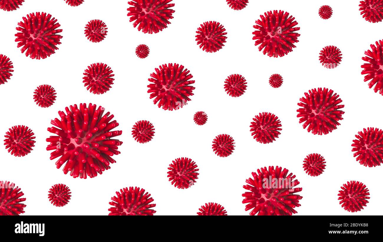 Symbolisches Bild eines Coronovirus mit vielen Viren. Warnung vor den Gefahren eines Coronovirus. Coronovirus covd19 isoliert auf weißem Hintergrund Stockfoto
