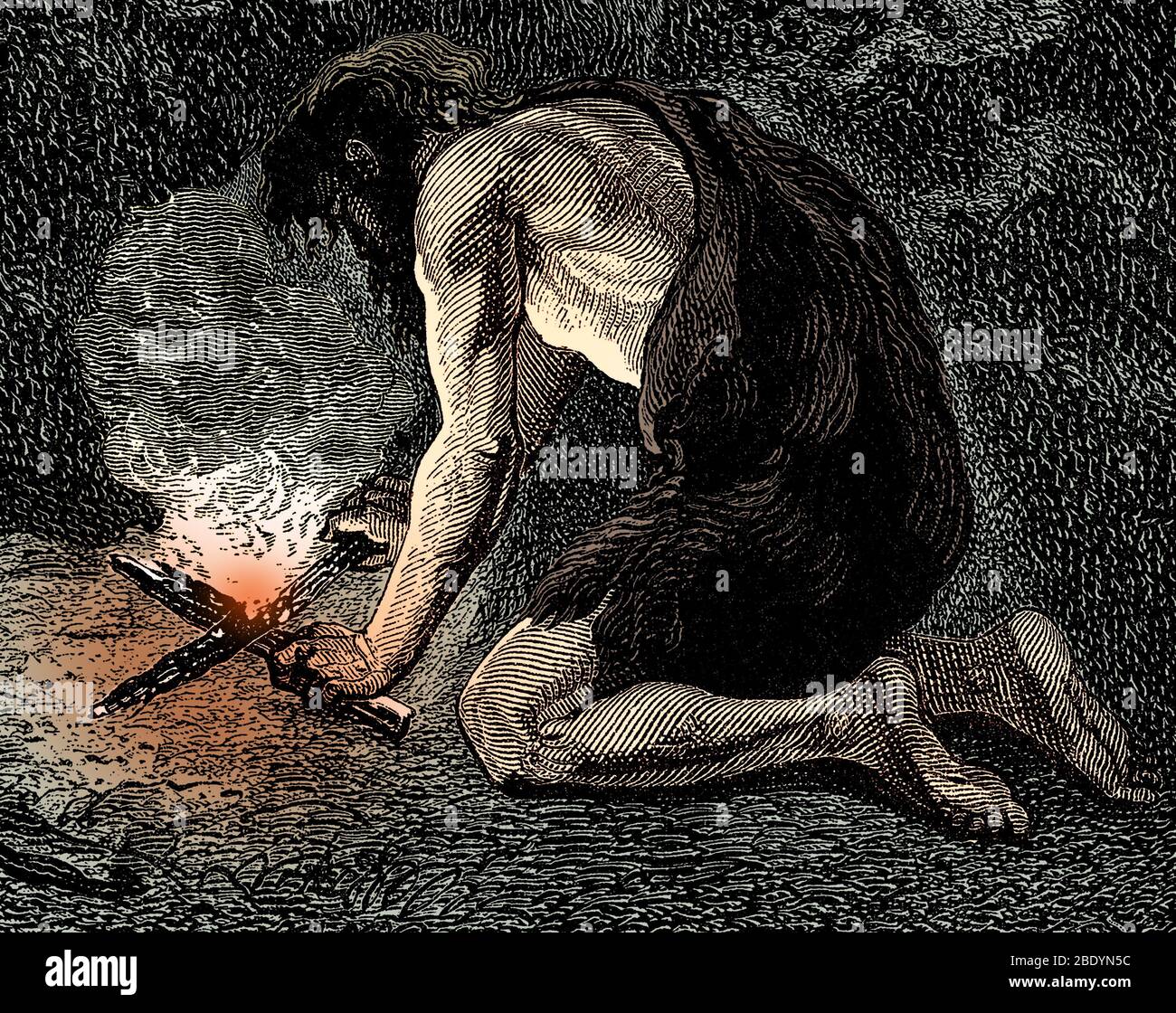 Urmenschen, Steinzeit-Kontrolle des Feuers Stockfoto