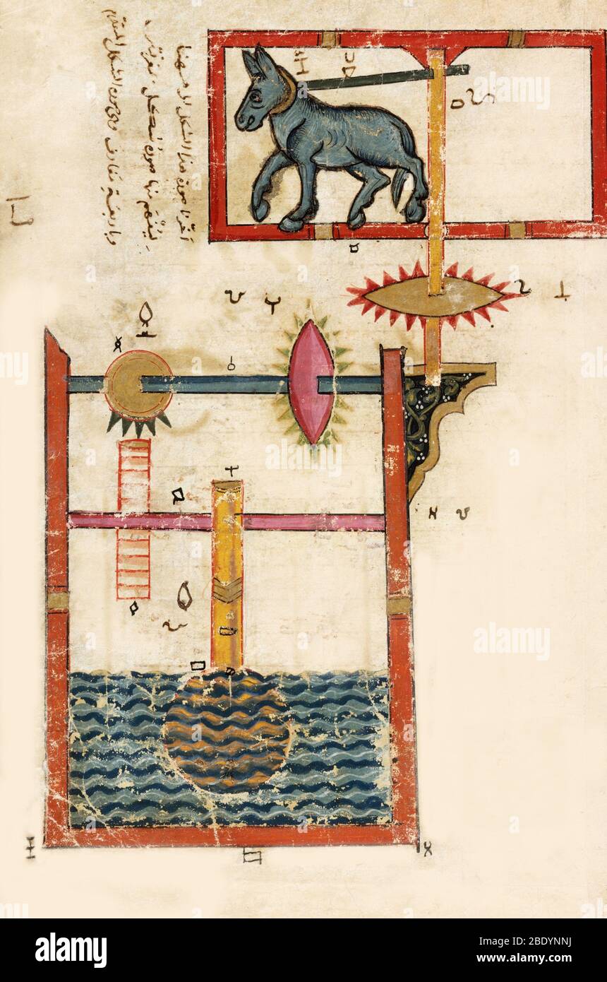 Al-Jazari, Wasserrad Powered by Donkey, 12. Jahrhundert Stockfoto