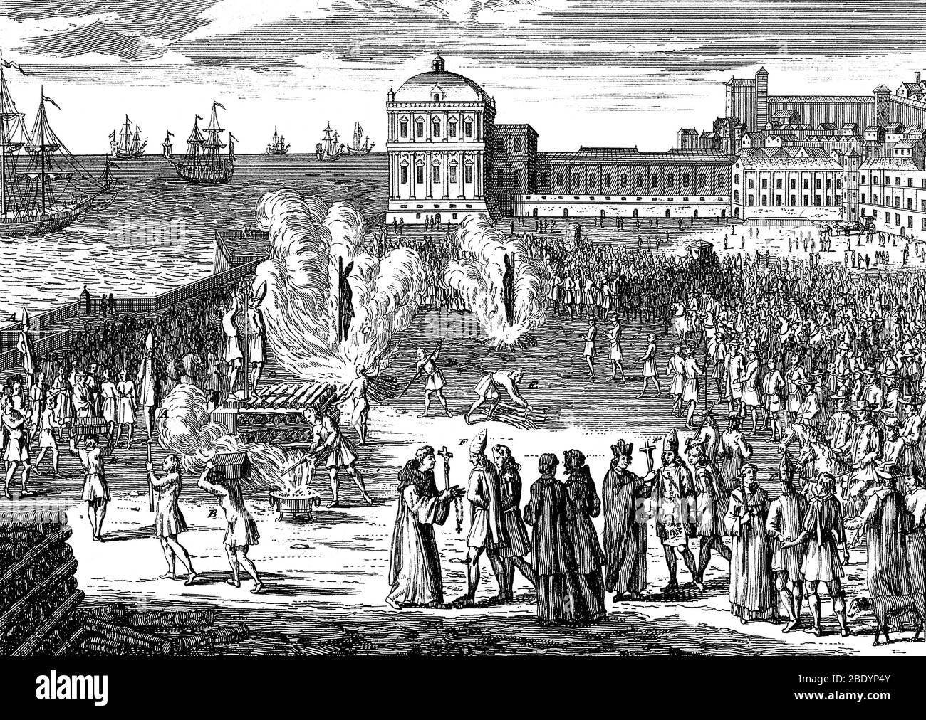 Spanische Inquisition, brennende Ketzer auf dem Spiel Stockfoto