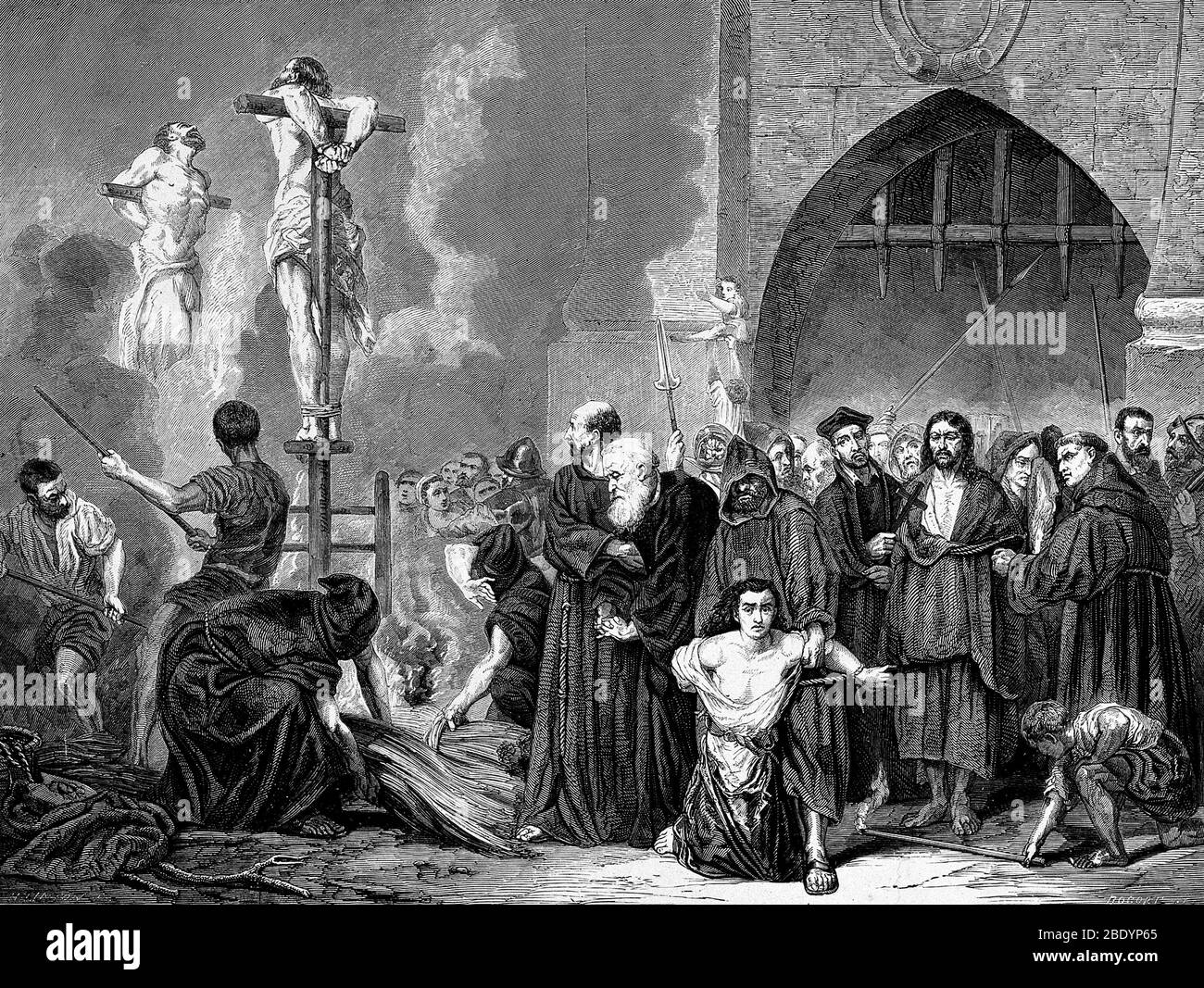 Spanische Inquisition, brennende Ketzer auf dem Spiel Stockfoto