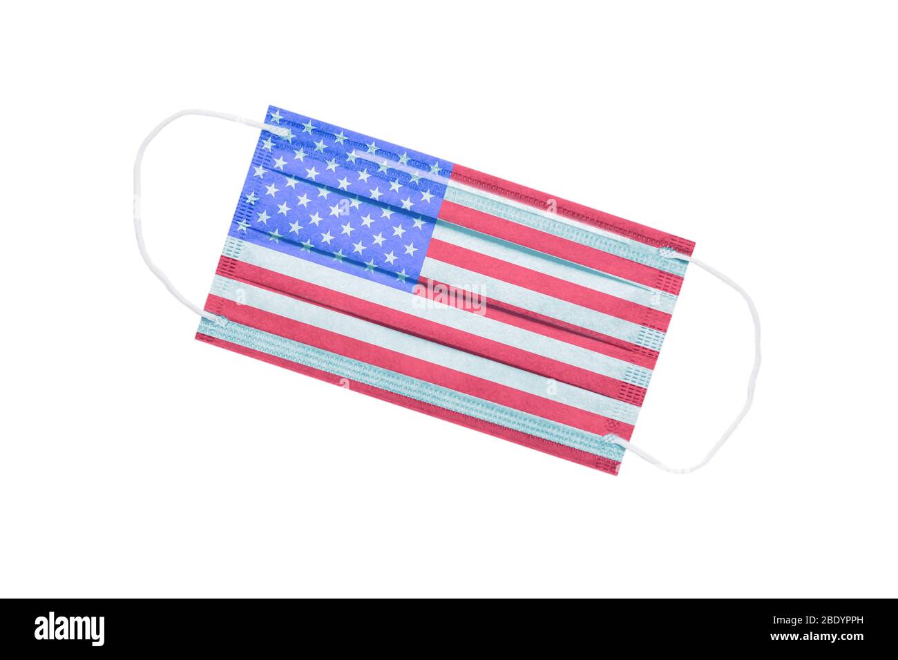 Medizinische Gesichtsmaske mit usa-Flagge isoliert auf weißem Hintergrund. USA Pandemie Konzept. Coronavirus in Amerika. USA medizinischen Hintergrund. US-Umweltverschmutzung Stockfoto