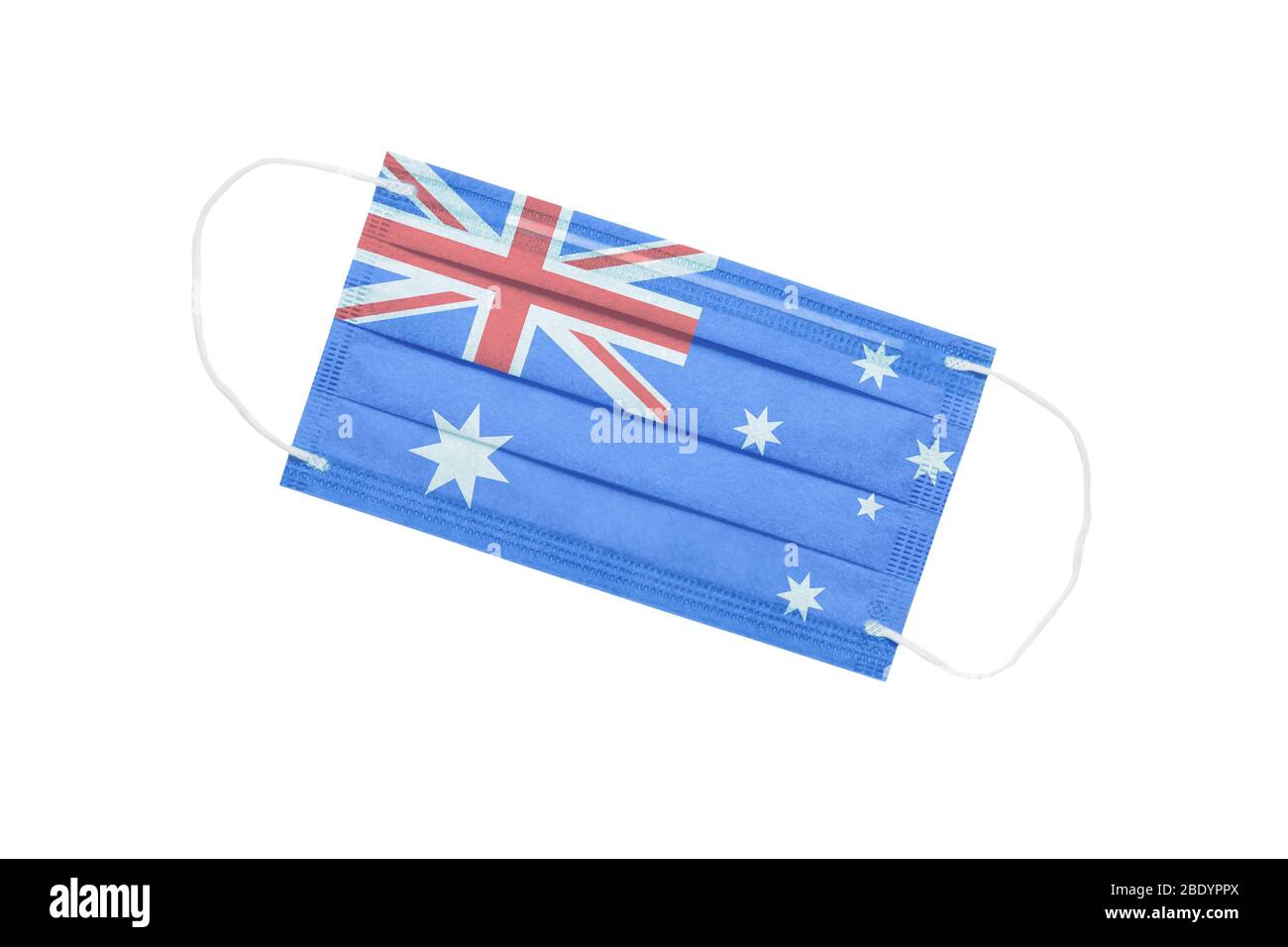 Medizinische Gesichtsmaske mit Flagge von Australien isoliert auf einem weißen Hintergrund. Australien Pandemie Konzept. Medizinische Eigenschaft der australischen Ärzte. Australier Stockfoto