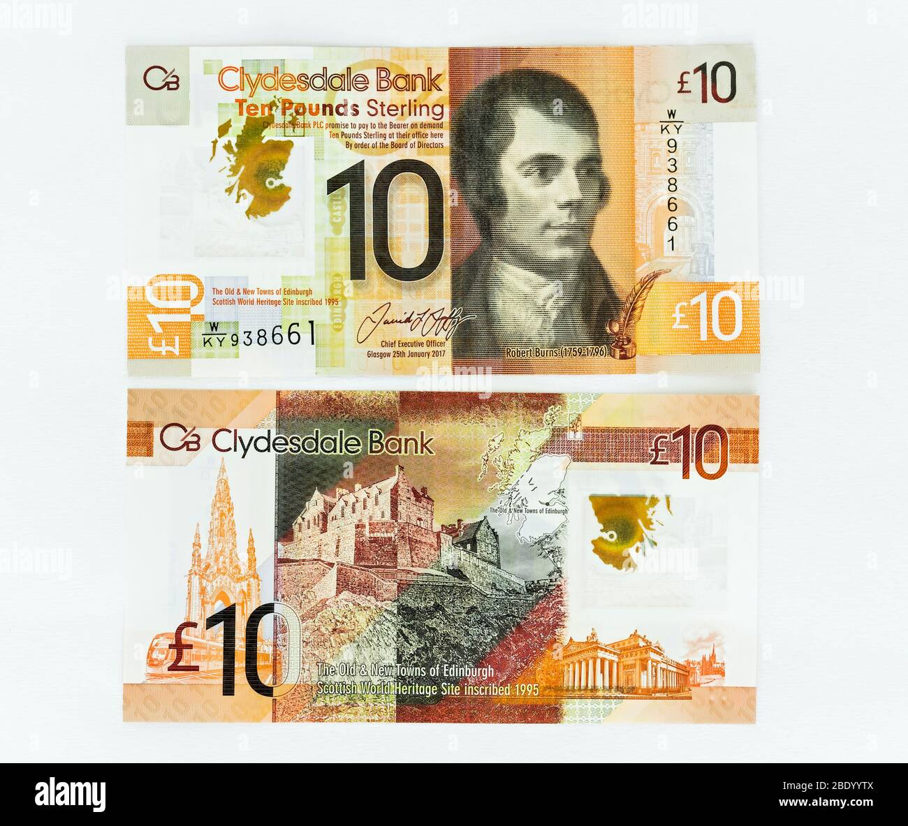 Clydesdale Bank 10 Pfund Note mit Robert Burns und Edinburgh Stockfoto