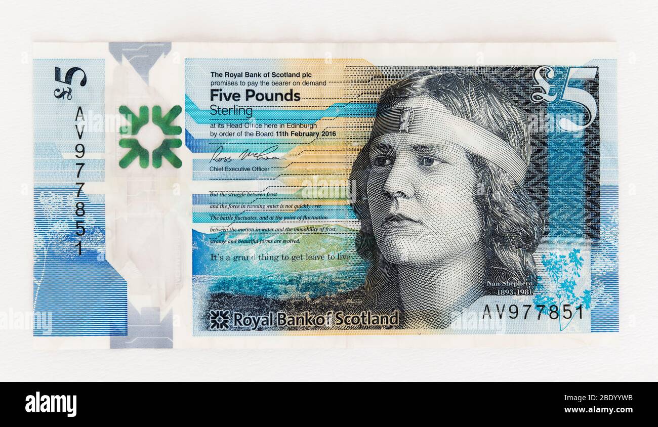 Royal Bank of Scotland fünf Pfund Note mit schottischen Schriftsteller und Dichter Nan Shepherd. Stockfoto