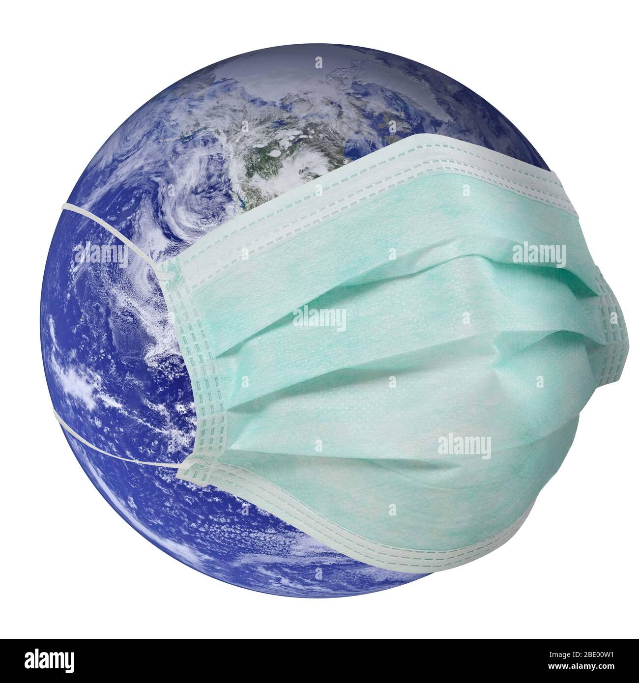 Globus der Welt mit Maske vor weißem Hintergrund. Stockfoto