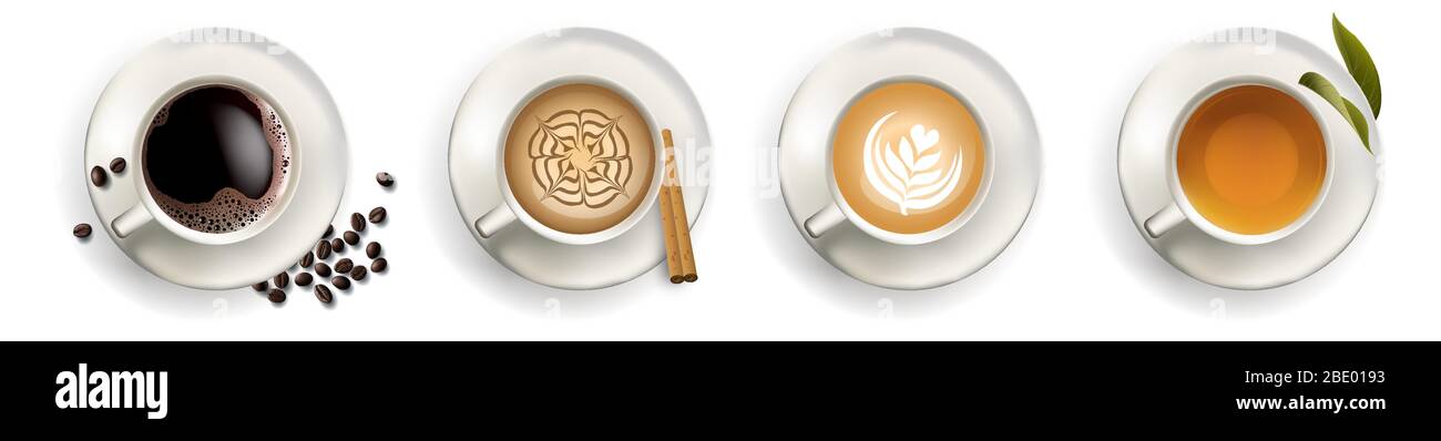 Kaffee, Cappuccino, Espresso, Tee, Draufsicht im Vektorformat Stock Vektor