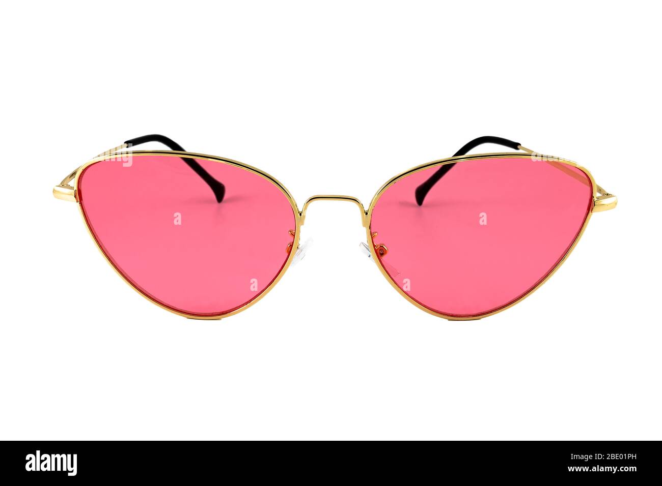Rosa Katze Auge Sonnenbrille mit Gold wickeln um Rahmen isoliert auf weißem Hintergrund, Vorderansicht Stockfoto