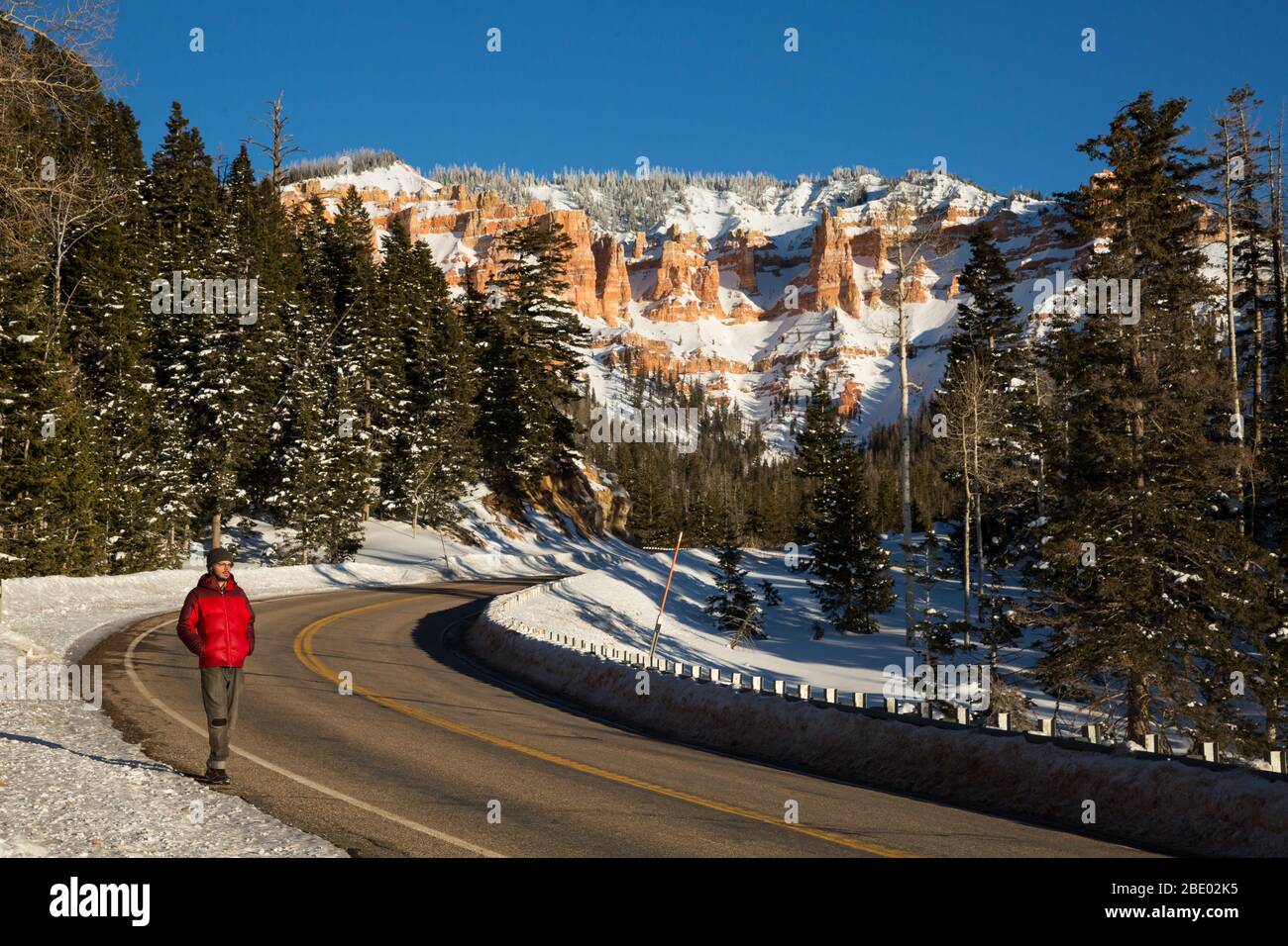 Wandern Sie in einer roten Winterjacke entlang einer Straße in der Wüste von Utah, bevor Sie bei Sonnenuntergang an einer kalten Nacht in die Wüste einziehen. Stockfoto