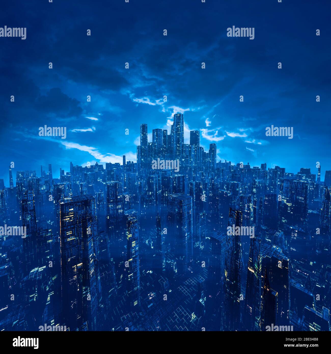 Metropole der Zukunft / 3D-Illustration der dunklen futuristischen Science-Fiction-Cyberpunk-Stadt unter wolkenverdunkelten Nachthimmeln Stockfoto