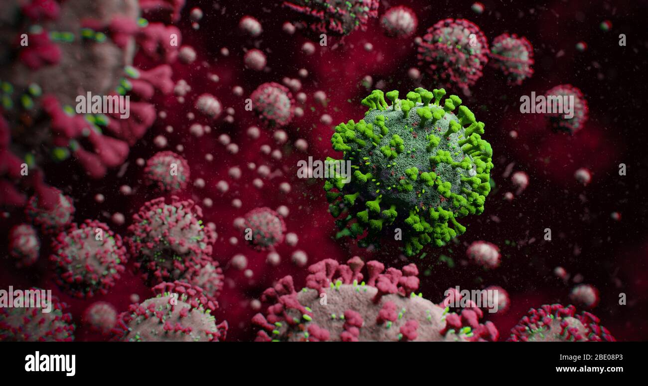 Green COVID-19 Corona Influenza Virus Molekül mit vielen roten Kontrastmolekülen - mikroskopisches Konzept NCoV Coronavirus Pandemic 3D Illustration Stockfoto