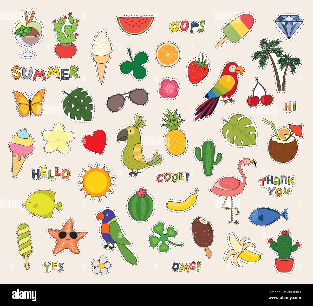 Hallo Sommer. Set von niedlichen Aufkleber Palmen, Obst, Papagei, Eis, Sonne,  Kaktus und andere Stock-Vektorgrafik - Alamy