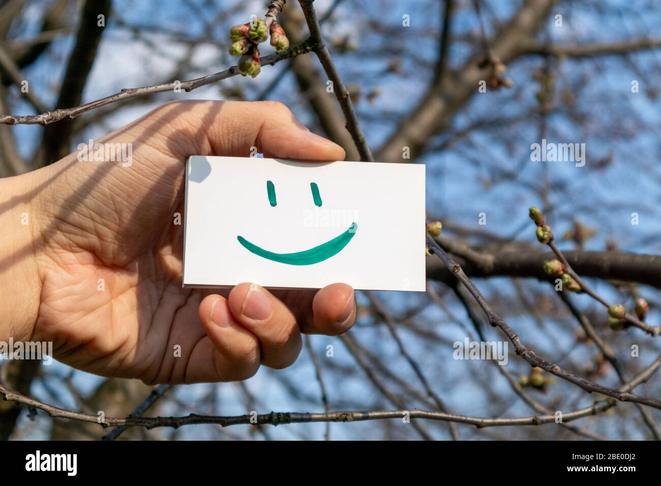 Happy Green Lächeln Emoji auf weißem Papier Karte hält in der Hand auf  sonnigen Frühling blauen Himmel Hintergrund. Positive Stimmung gute  Wetterzeit Stockfotografie - Alamy