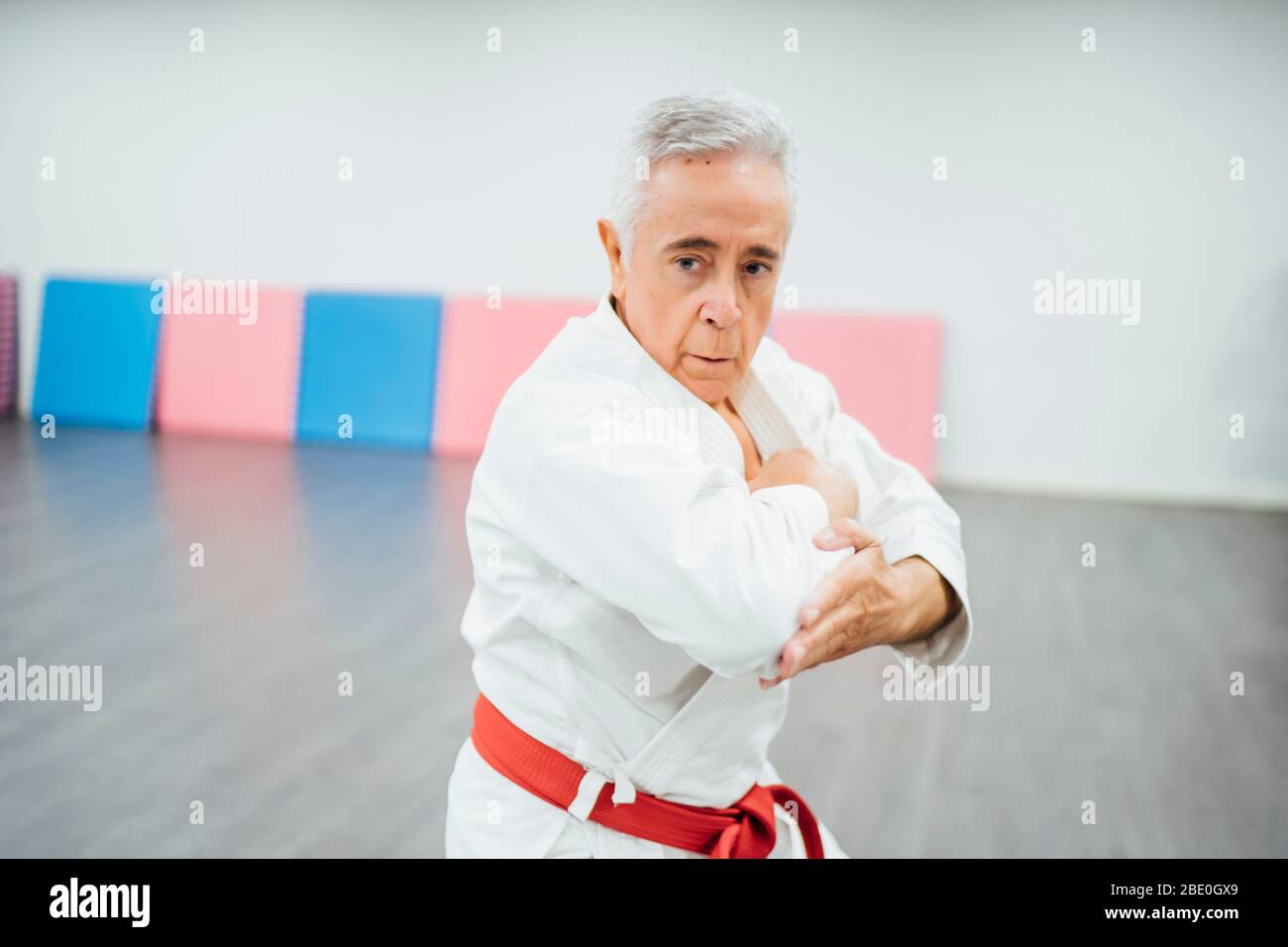 Karate Meister Durchführung Kampftechniken Stockfoto