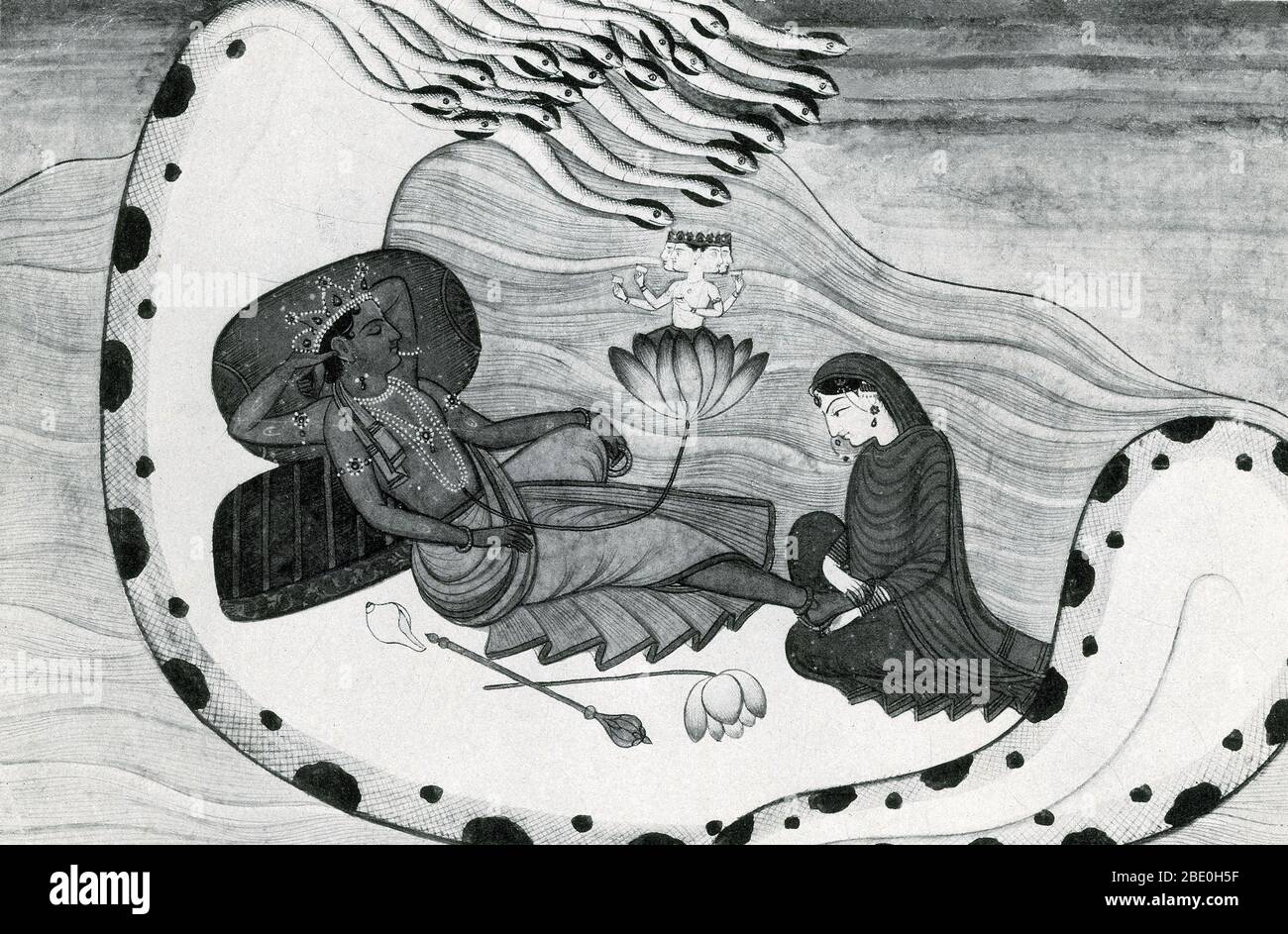 Vishnu und Lakshmi. Vishnu ist der Bewahrer des Universums in der Hindu-Trimurti. Er ist ein allwissendes Wesen mit den Kräften, alle Dinge mit seinem Geist zu unterstützen und das Unmögliche möglich zu machen. Seine Frau Lakshmi ist die hinduistische Göttin der Gnade, des Glücks und der Schönheit. Stockfoto