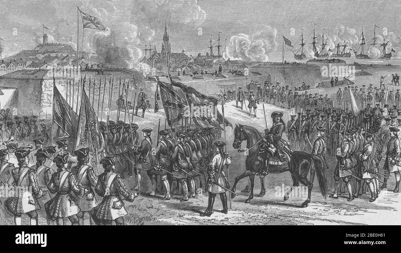 Die Kapitulation Louisburgs durch die Franzosen an die britische Armee im Jahr 1758. 1745 wurde die Festung von einer neuenglischen Miliz angegriffen und aufgegeben, aber sie wurde den Franzosen im Rahmen der Siedlung im Jahre 1749 zurückgegeben, und fiel wieder in dieser Seige (hier abgebildet) von 1758. Die Belagerung von Louisbourg war eine wichtige Schlacht im Siebenjährigen Krieg (in den USA als Französisch-und Indischen Krieg bekannt), die die französische Kolonialherrschaft über das Atlantische Kanada beendete. Stockfoto Die Kapitulation Louisburgs durch die Franzosen an die britische Armee im Jahr 1758. 1745 wurde die Festung von einer neuenglischen Miliz angegriffen und aufgegeben, aber sie wurde den Franzosen im Rahmen der Siedlung im Jahre 1749 zurückgegeben, und fiel wieder in dieser Seige (hier abgebildet) von 1758. Die Belagerung von Louisbourg war eine wichtige Schlacht im Siebenjährigen Krieg (in den USA als Französisch-und Indischen Krieg bekannt), die die französische Kolonialherrschaft über das Atlantische Kanada beendete. Stockfoto