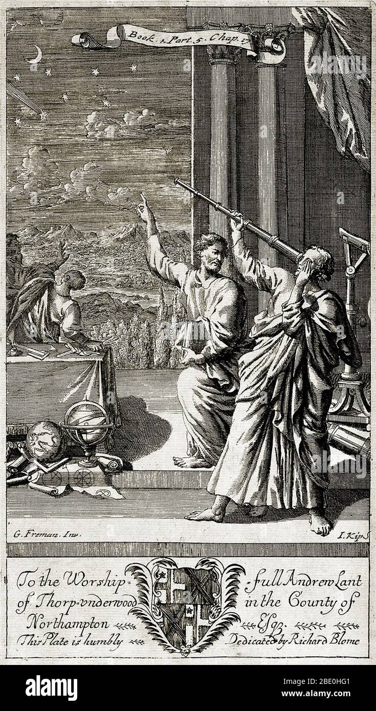 Griechischer Astronom, der die Sterne studiert, Illustration aus Buch 1 Teil 5 Kapitel 17 von 'die Prinzipien der Philosophie' von Anthony Le Grand, Stich von Johannes Kip (1652/3-1722), 1694 (Stich), G. Freman (fl. 17. Jahrhundert). Die frühesten aufgezeichneten arbeitenden Teleskope waren die brechenden Teleskope, die 1608 in den Niederlanden erschienen. Stockfoto