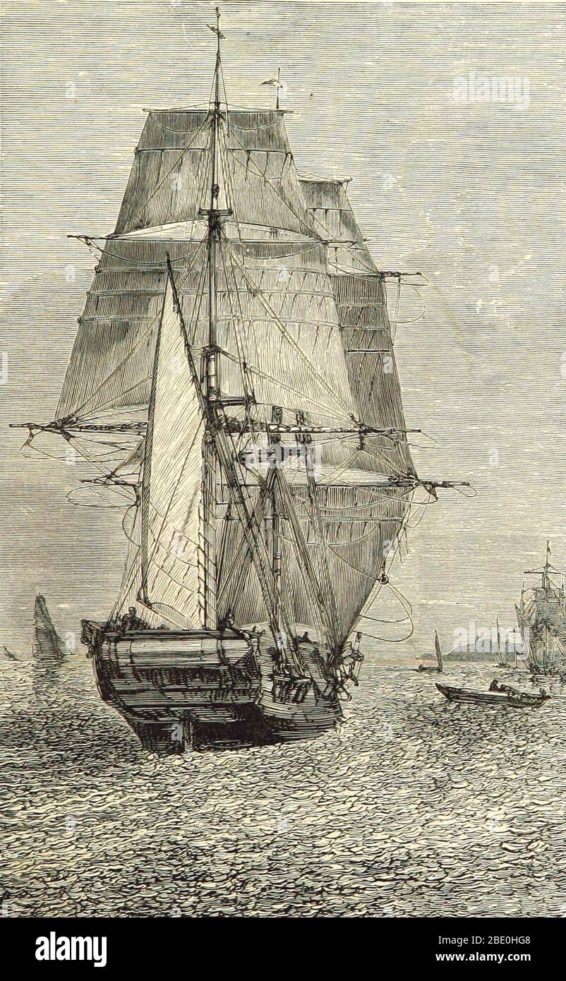 H.M.S. Beagle in einem phosphoreszierenden Meer. Aus 'What Mr. Darwin Saw in his Voyage Round the World in the Ship 'Beagle'', zusammengestellt und adaptiert aus 'Journal of Researches into the Geology and Natural History of the various countries visited by H.M.S. Beagle, etc.' von Charles Darwin. Stockfoto