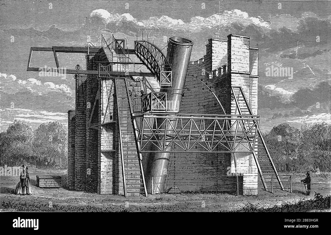 72-Zoll-Spiegelteleskop in Birr Castle, Parsonstown, Irland. "Leviathan", fertiggestellt 1845, war bis zum frühen 20. Jahrhundert das größte Teleskop der Welt. William Parsons, 3. Earl of Rosse (17. Juni 1800 - 31. Oktober 1867) war ein anglo-irischer Astronom. Er erbte ein Earldom und ein großes Anwesen in King's County, Irland, als sein Vater Lawrence Parsons, 2. Earl of Rosse, 1841 starb. Dort führte er astronomische Studien und entdeckte die Spiralnatur einiger Nebel, heute bekannt als Spiralgalaxien. Sein 72-Zoll-Teleskop, Leviathan, Baujahr 1845, war das größte Teleskop der Welt Stockfoto