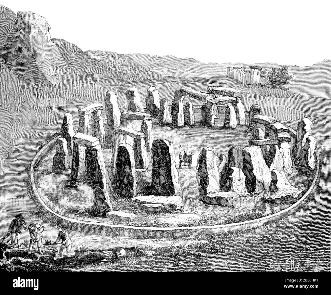 Stonehenge ist ein prähistorisches Denkmal in Wiltshire, England. Stonehenge ist eine der berühmtesten Stätten der Welt und die Überreste eines Ringes aus stehenden Steinen, die in Erdarbeiten errichtet wurden. Es liegt inmitten des dichtesten Komplexes von neolithischen und bronzezeitlichen Denkmälern in England, einschließlich mehrerer hundert Grabhügel. Archäologische Beweise deuten darauf hin, dass Stonehenge von seinen frühesten Anfängen ein Grabplatz gewesen sein könnte. Die Stätte und ihre Umgebung wurden 1986 in die Liste des Weltkulturerbes der UNESCO aufgenommen. Bild aufgenommen von Seite 521 von 'La création de l'homme et les premiers âges de Stockfoto