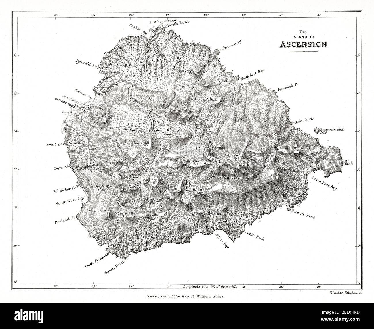 Karte der Insel Ascension von Charles Darwin's Geologische Beobachtungen auf den Vulkaninseln und Teilen Südamerikas, die während der Reise von H.M.S. besucht wurden „Beagle“. 2d-Bearbeitung. London: Smith Elder and Co., 1876. Ascension Island ist eine isolierte Vulkaninsel im Äquatorialwasser des Südatlantiks, etwa 1,600 Kilometer (1,000 Meilen) von der Küste Afrikas und 2,250 Kilometer (1,400 Meilen) von der Küste Südamerikas entfernt, die ungefähr auf halbem Weg zwischen dem Horn Südamerikas und Afrikas liegt. Stockfoto