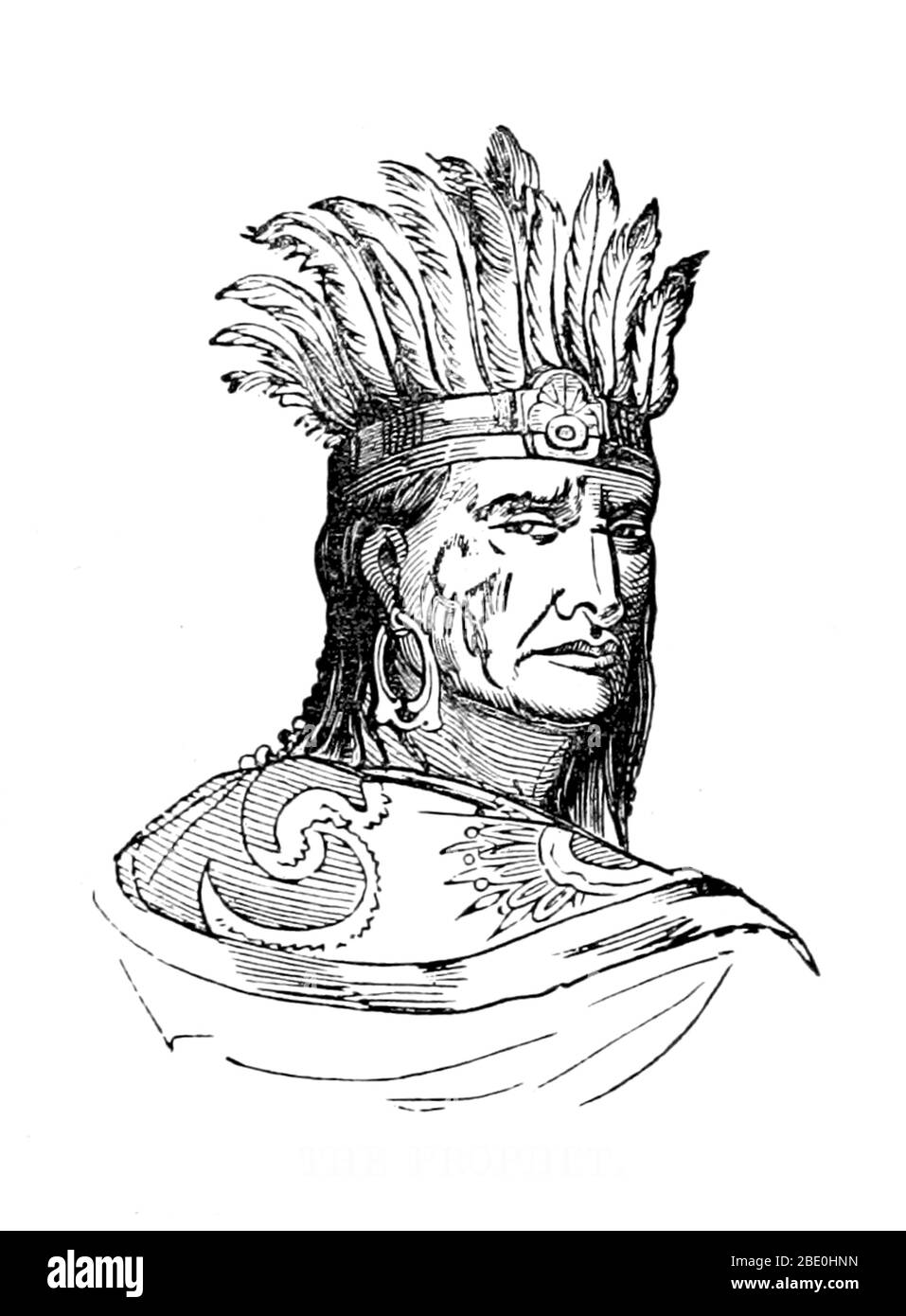 Bild von Seite 71 von 'Illustrated Historical Sketches of the Indians' von John Frost, 1857. Tenskwatawa (März 1768 - November 1836) war ein indianischer religiöser und politischer Führer des Shawnee Stammes. Er führte eine Reinigungsbewegung, um sein Volk auf ihre traditionellen Wege zurückzubringen und die Übel zu vertilgen, die von den Amerikanern vertreten wurden. Seine Anhänger folgten ihm nach Westen, um eine große multi-Stammes-Gemeinschaft zu bilden, die den Weißen als Prophetstown (Tippecanoe) im Jahr 1808 bekannt ist. Der Ort war auch ein geografischer zentraler Punkt für die politische und militärische Allianz, die sich um Tenskwatawas bildete Stockfoto