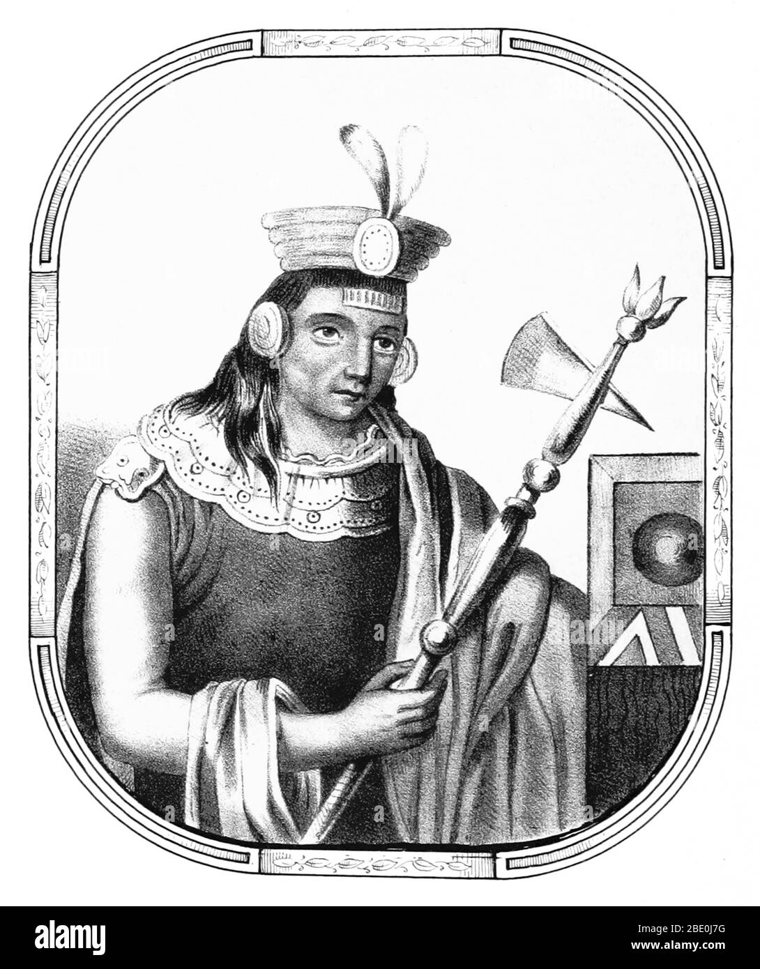 Manco Cápac war, nach Meinung einiger Historiker, der erste Gouverneur und Gründer der Inka-Zivilisation in Cusco, möglicherweise im frühen 13. Jahrhundert. Er ist auch eine Hauptfigur der Inka-Mythologie, er ist der Protagonist der beiden bekanntesten Legenden über die Herkunft der Inka, die beide ihn mit der Gründung von Cusco verbinden. Seine Hauptfrau war Mama Uqllu, auch Mutter seines Sohnes und Nachfolger Sinchi Ruq'a. Obwohl seine Figur in mehreren Chroniken erwähnt wird, bleibt seine tatsächliche Existenz unklar. Bild von Seite 42 von 'Recuerdos de la Monarquia Peruana, ó boquejo de la historia d Stockfoto