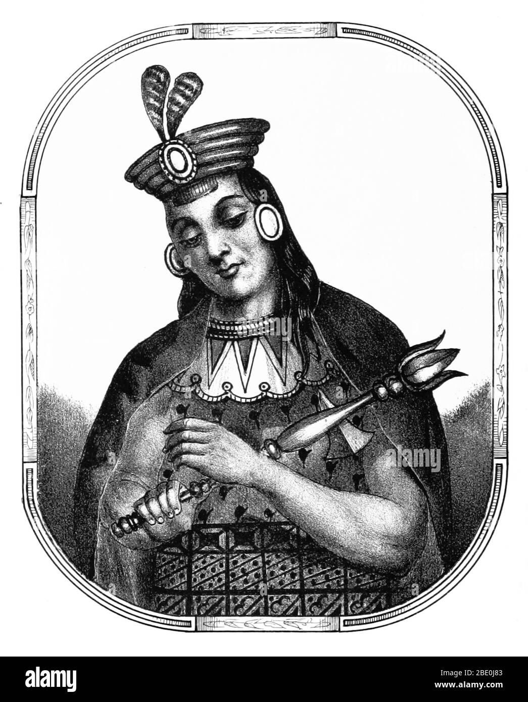 Yawar Waqaq war der siebte Sapa-Inka des Königreichs Cuzco (ab etwa 1380) und der zweite der Hanan-Dynastie. Sein Name bezieht sich auf eine Geschichte, dass er als Kind von der Ayarmaca Sinchi Tocay Capac entführt wurde, die Tränen des Blutes über seine Zwangslage weinte. Schließlich entkam er mit Hilfe einer der Mätressen seines Kopfgeldjägers, Chimpu Orma. Im Alter von 19 Jahren eroberte Yawar Pillauya, Choyca, Yuco, Chilincay, Taocamarca und Cavinas. Bild von Seite 72 von 'Recuerdos de la Monarquia Peruana, ó boquejo de la historia de los Incas, etc' von Justo Sahuaraura, 1850. Stockfoto