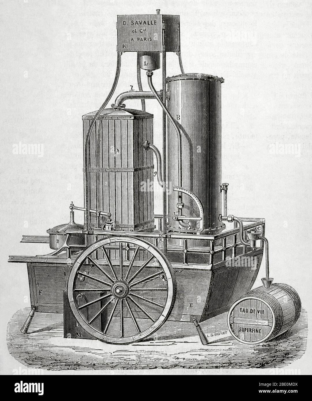 Mobil. Antriebsmotor für die Destillation von Weinen, gebaut von M. Savalle. Stockfoto