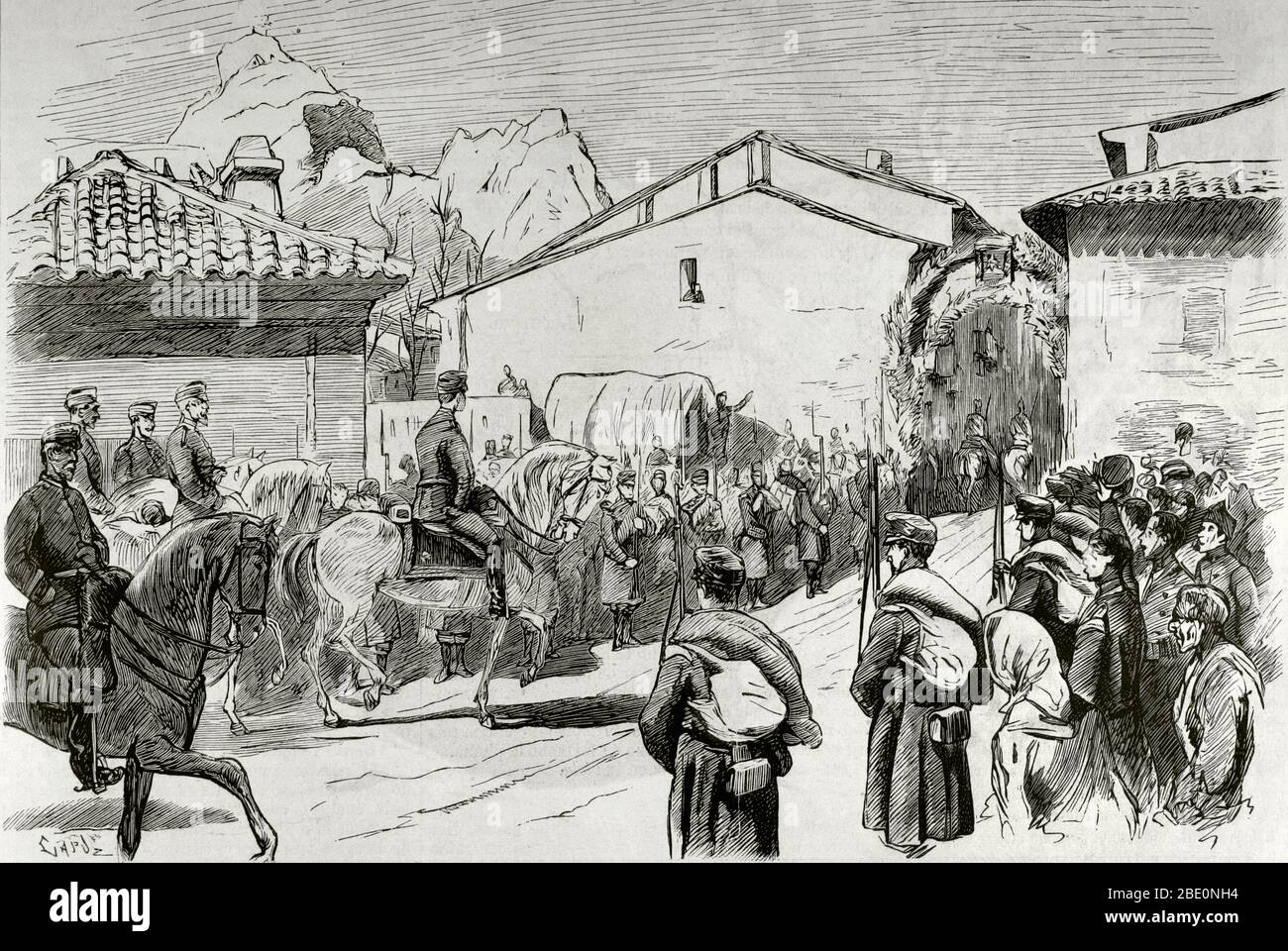 Eingang von König Alfonso XII und seine Armeen in der Stadt Estella. Stockfoto
