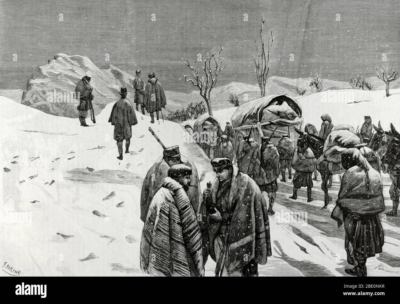 Durchfahrt eines Militärkonvois durch die Urkiola-Höhe am 8. Februar 1876. Stockfoto