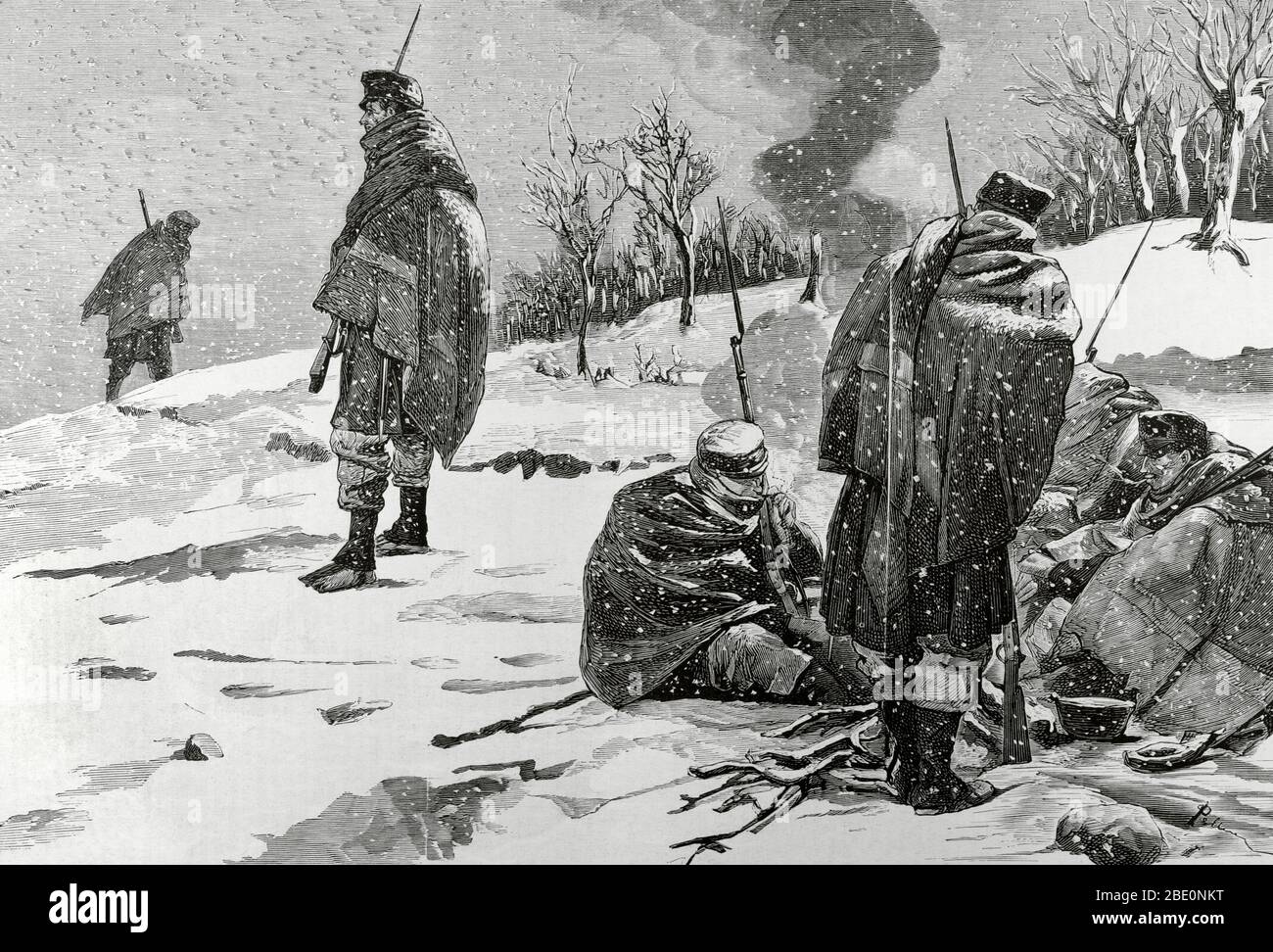 Truppen des Leon Regiments in den Ochandiano Höhen, von den Carlistentruppen verschanzt. Stockfoto