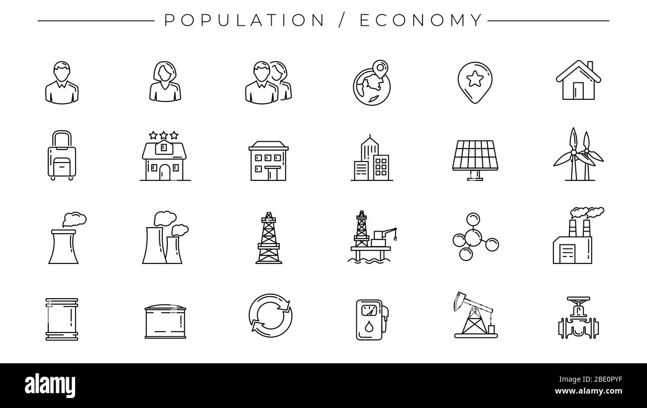 Population and Economy Concept Line Style Vektorsymbole gesetzt Stock Vektor