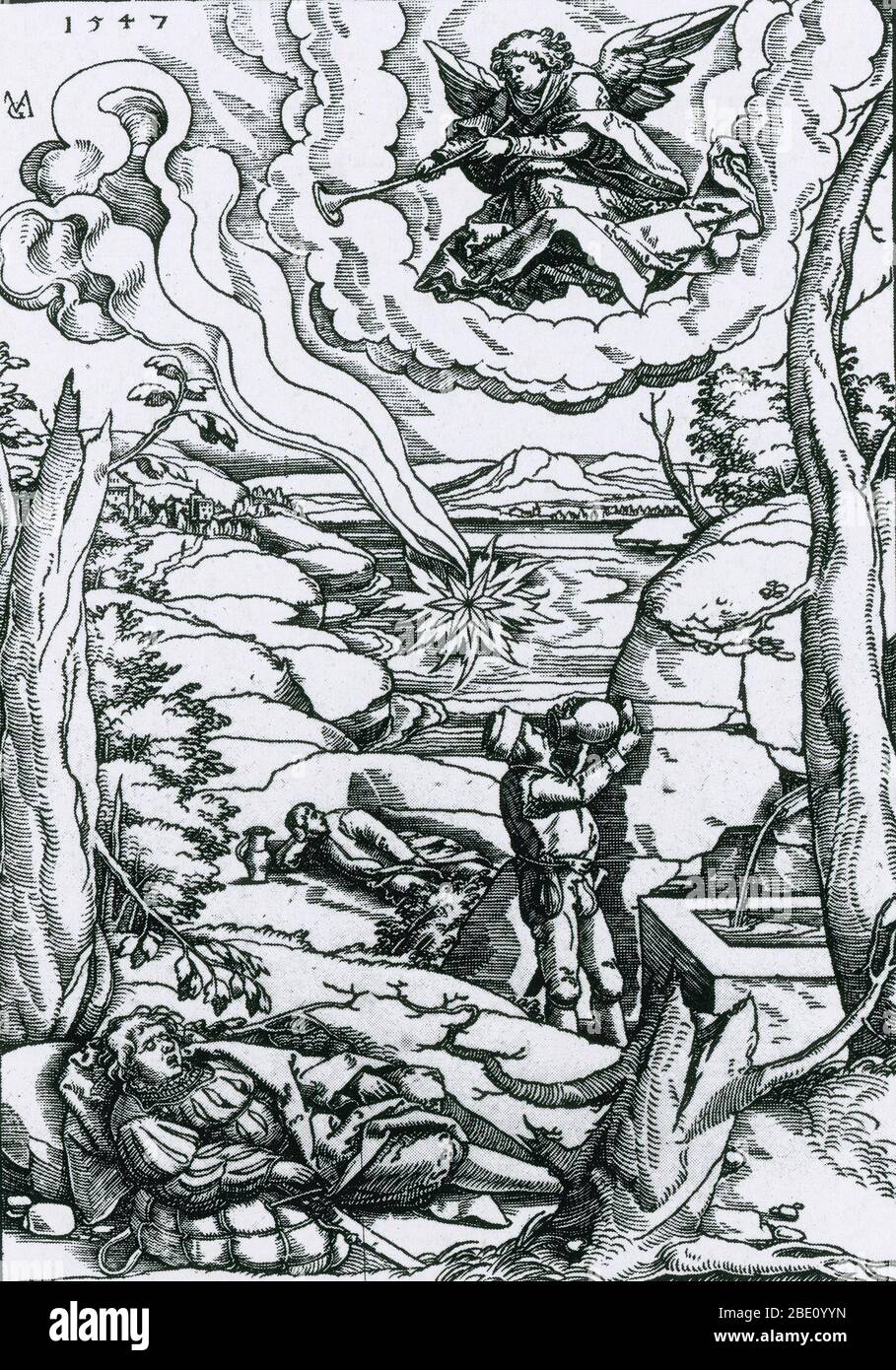 Matthias Gerung, Apokalypse Illustration, 1547, Holzschnitt. Dieser Druck zeigt den Stern-Wermut aus Offenbarung 8:10-11: "Und der dritte Engel posaunte, und es fiel ein großer Stern vom Himmel, der brannte wie eine Lampe ... und der Name des Sterns heißt Wermut." Stockfoto