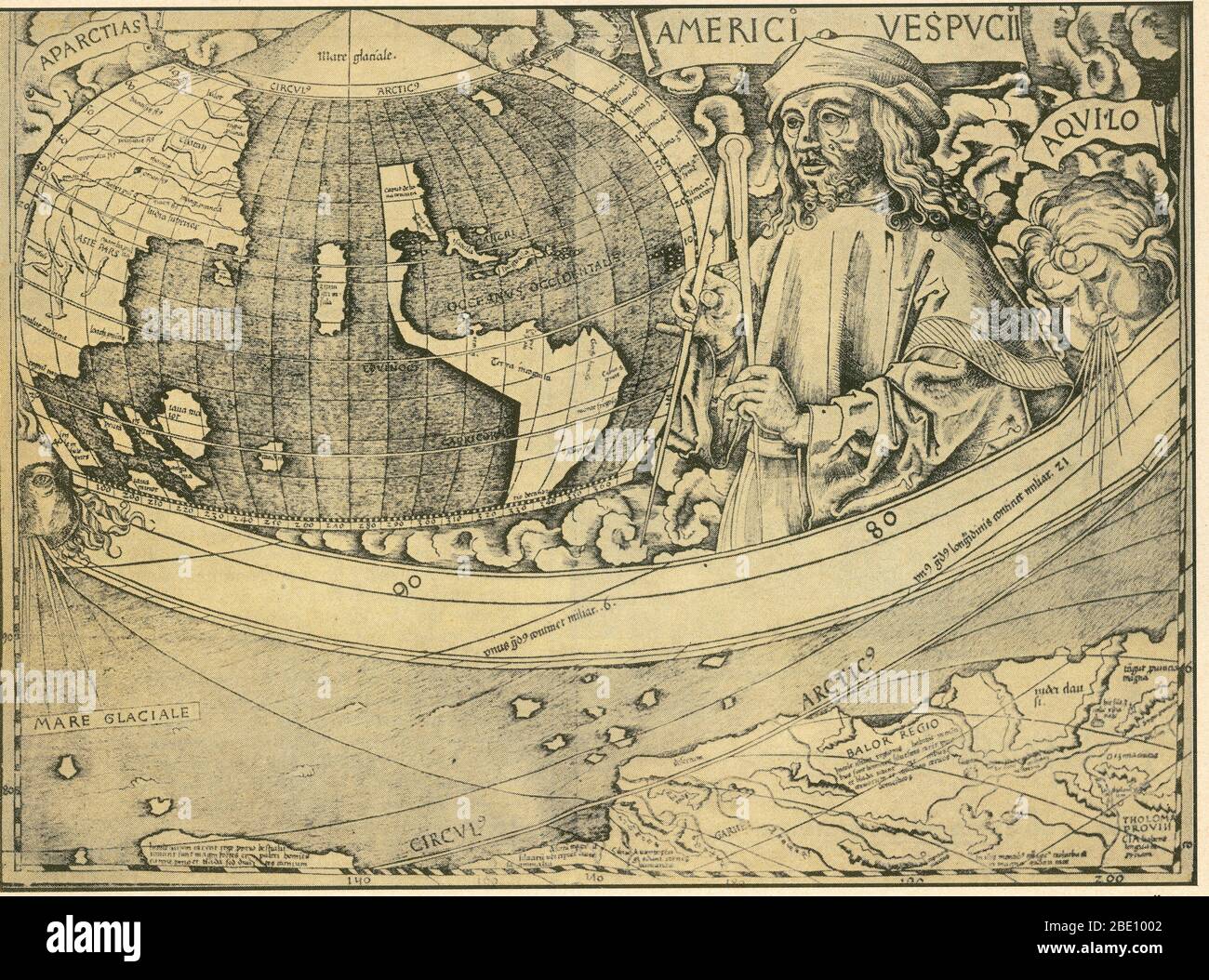 Vespucci blickt auf die Neue Welt in einer 1507-er Karte von Martin Waldseemuller. Amerigo Vespucci (9. März 1454 - 22. Februar 1512) war ein italienischer Entdecker, Navigator und Kartograph. Vespucci nahm als Beobachter an mehreren Reisen Teil, die die Ostküste Südamerikas zwischen 1499 und 1502 erkundeten. Auf der ersten dieser Reisen war er an Bord des Schiffes, das entdeckte, dass Südamerika weiter südlich ausdehnte als bisher gedacht. Die Expeditionen wurden in Europa weithin bekannt, nachdem zwei Berichte, die Vespucci zugeschrieben wurden zwischen veröffentlicht. 1507 produzierte Martin Waldseemüller eine Welt m Stockfoto