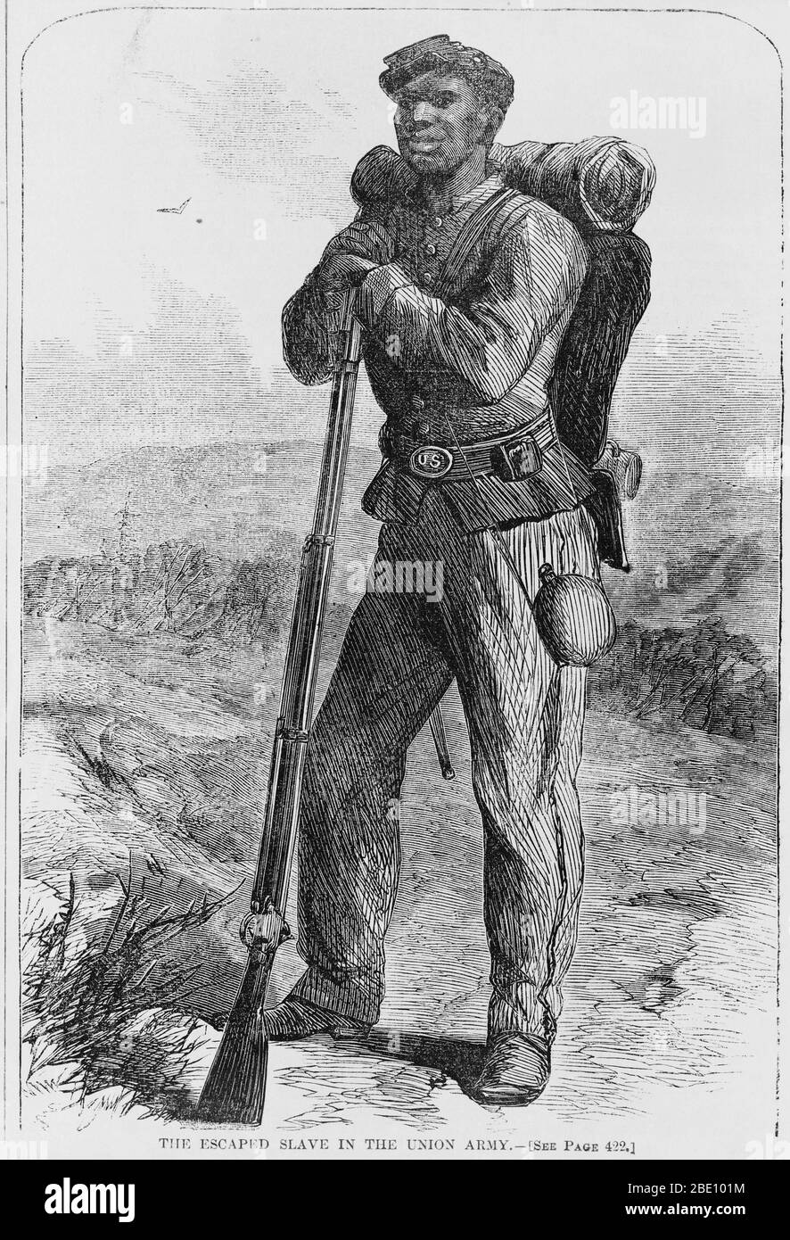 Holzstich eines entflohenen Sklaven, der der Union Armee im amerikanischen Bürgerkrieg beigetreten ist. Schwarze "Flüchtlinge" Soldaten, ausgeratene Sklaven, wurden vom Norden in einer Erklärung von General Benjamin Butler im Mai 1861 als "Kriegsverbund" angesehen. Sie kämpften mit den nördlichen Truppen. Stockfoto