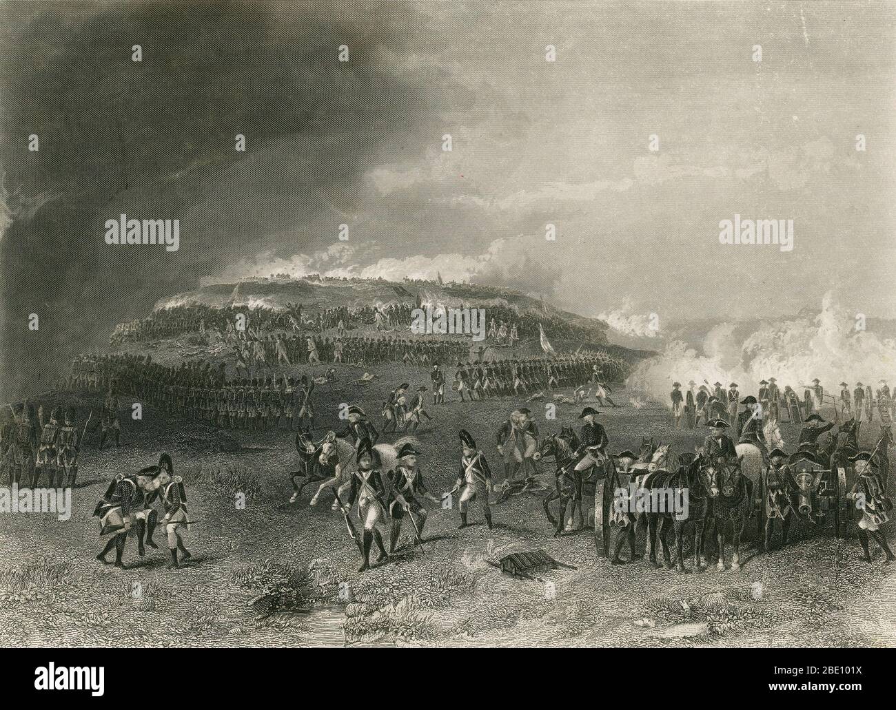 Die Schlacht von Bunker Hill war eine Schlacht am 17. Juni 1775, während der Belagerung von Boston in den frühen Stadien des amerikanischen Revolutionären Krieges. Die Schlacht ist nach Bunker Hill benannt, der an der Peripherie in die Schlacht verwickelt war und das ursprüngliche Ziel sowohl der kolonialen als auch der britischen Truppen war, obwohl die überwiegende Mehrheit der Kämpfe auf dem Hügel der angrenzenden Rasse stattfand. Das Ergebnis war ein Sieg für die Briten, aber die massiven Verluste, die sie belasteten, enthielten sie von weiteren Belagerungslinien; 226 Männer wurden mit über 800 Verwundeten getötet, darunter eine große Anzahl von o Stockfoto