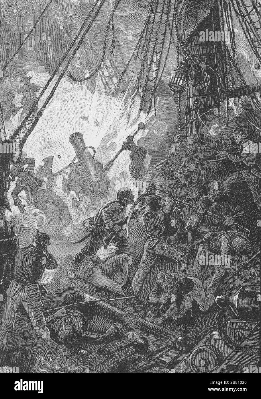Die Mannschaften der USS Bonhomme Richard und HMS Serapis kämpfen gegen sie. Die Schlacht von Flamborough Head war eine Seeschlacht, die am 23. September 1779 in der Nordsee vor der Küste von Yorkshire stattfand und Jones' Bonhomme Richard gegen das britische Schiff Serapis anpittte. Mit ihrer größeren Manövrierbarkeit und schwereren Waffen, die Serapis Raked und schlug die Bonhomme Richard. Jones konterte, indem er die Serapis rammte und seine Crew die Schiffe mit Greifhaken zusammenbinden ließ. Die Schiffe schossen weiter ineinander, als die beiden Marinesoldaten auf gegnerische Besatzung und Offiziere schossen. Ein amerikanischer Versuch Stockfoto