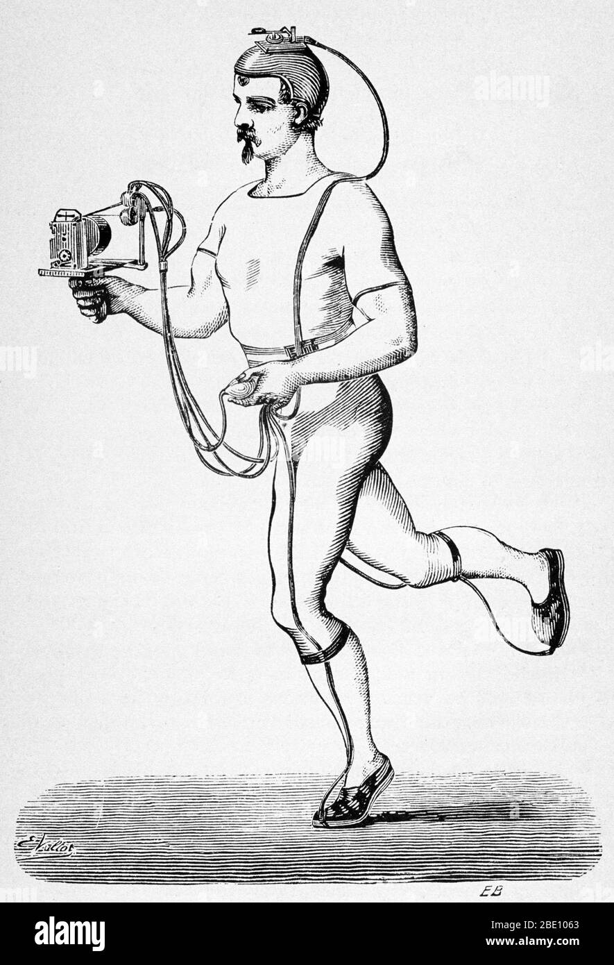 Läufer mit einem Gerät zur Registrierung seiner verschiedenen Schritte, entworfen von Etienne-Jules Marey. Veröffentlicht in Marey's 'Animal Mechanism: A Traktatise on terrestrisch and aërial locomotion' (1874). Marey (1830-1904) war ein französischer Wissenschaftler, Physiologe und Pionier der frühen Fotografie. Er wurde von Luftbewegungen fasziniert und begann Vögel zu studieren. In den 1880er Jahren übernahm und entwickelte er die animierte Fotografie zu einem eigenständigen Gebiet der Chronophotographie. Seine revolutionäre Idee war es, mehrere Phasen der Bewegung auf einer fotografischen Oberfläche festzuhalten. 1882 machte er sein Chronophotog Stockfoto
